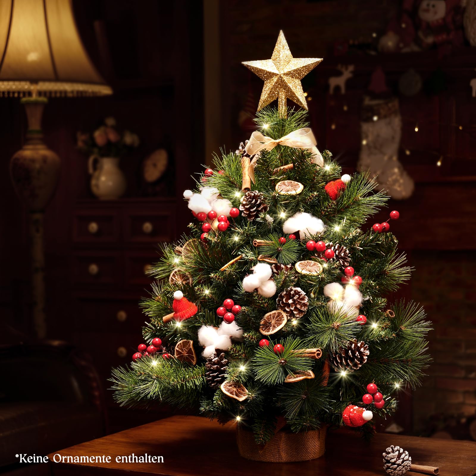OasisCraft Sapin de Noël artificiel avec étoile au sommet, 60,96 cm, lumières LED claires, base en toile de jute, pour table, bureau et décoration de salon