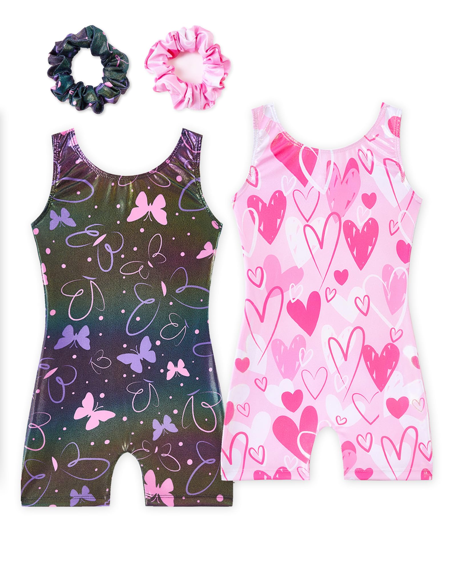 Tstiti Gymnastics Leotards for Girls 2 Pack Sparkly Kids Biketards Dance Unitards Matching Hair Scrunchies
