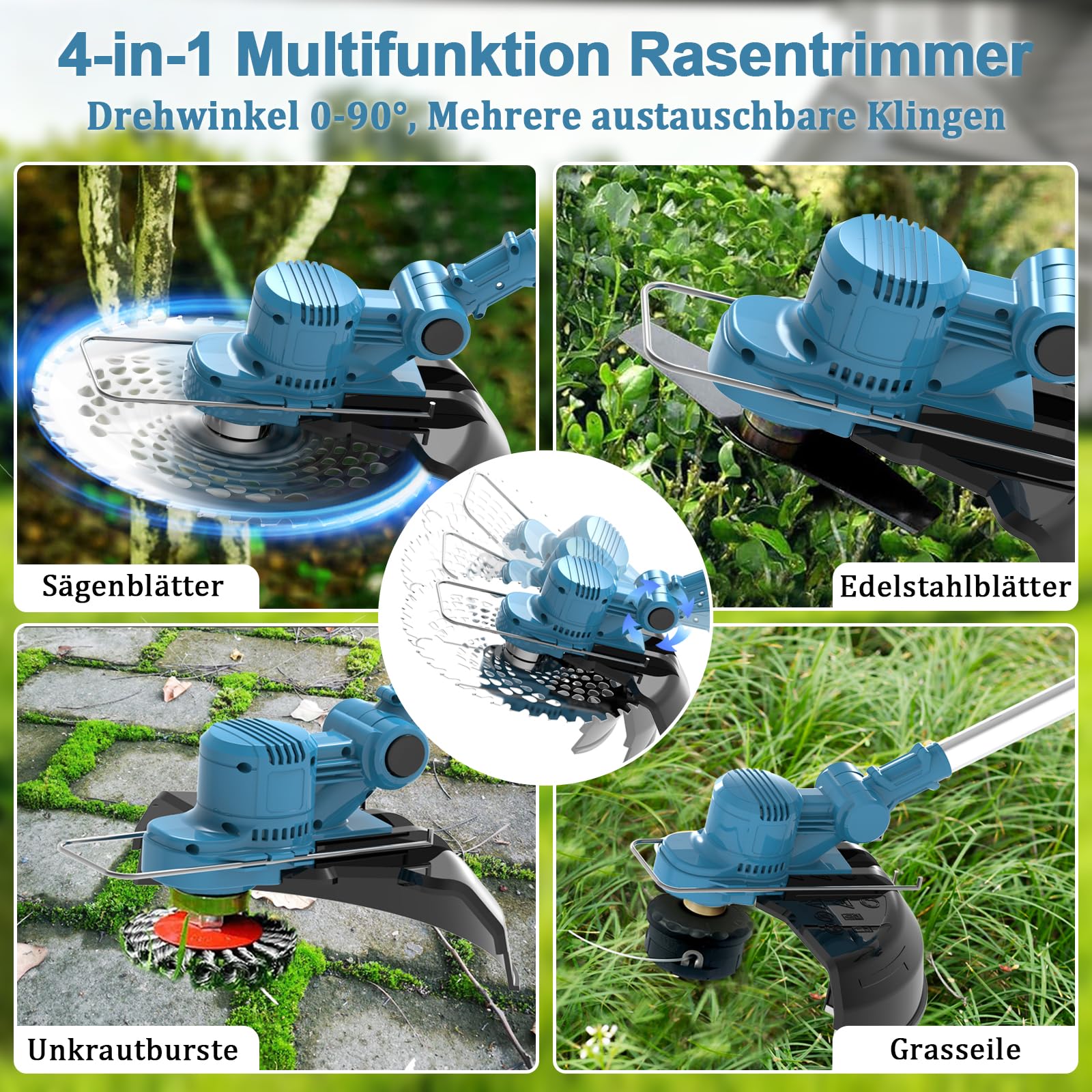 Rasentrimmer für Makita-Akkus mit 4 Klingentypen, Rasentrimmer mit Akku 2 4,0Ah und Unkrautbürste, 180° Faltbar, 750w Bürstenloser Akku Freischneider für Garten Trimming, Blau