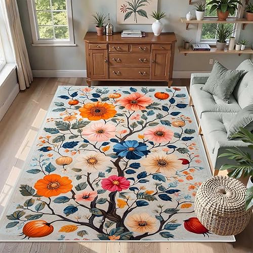 Alfombras florales coloridas de 10 x 12 pulgadas, alfombras grandes florales vintage, alfombras botánicas, lavables y bohemias, antideslizantes,