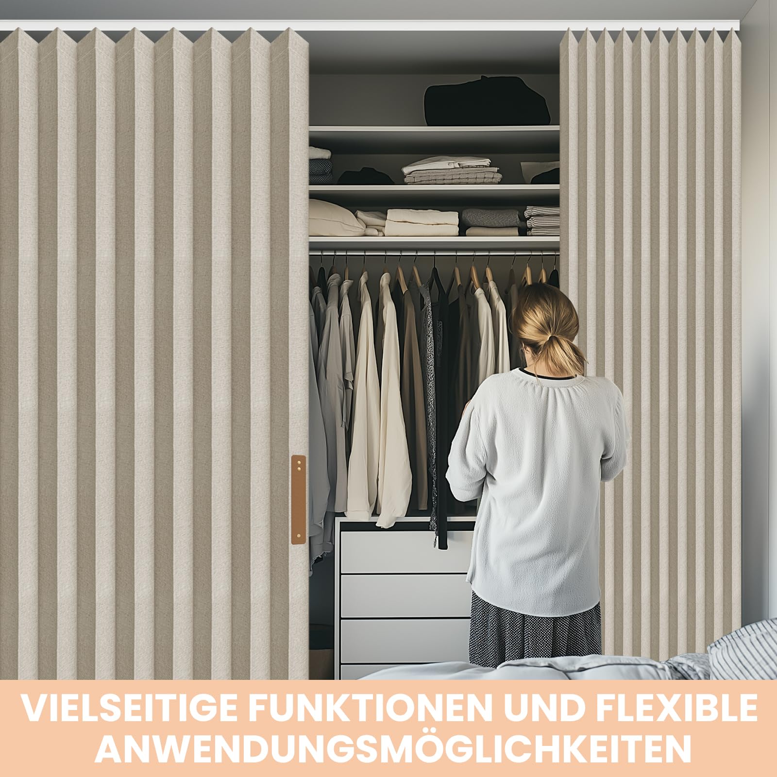 JILRON Cortina para separación de habitaciones con montaje en techo, 100 % protección contra la luz, aspecto de acordeón, para dormitorio, salón, esquina (blanco crema-alto 243 x ancho 457 cm), 1