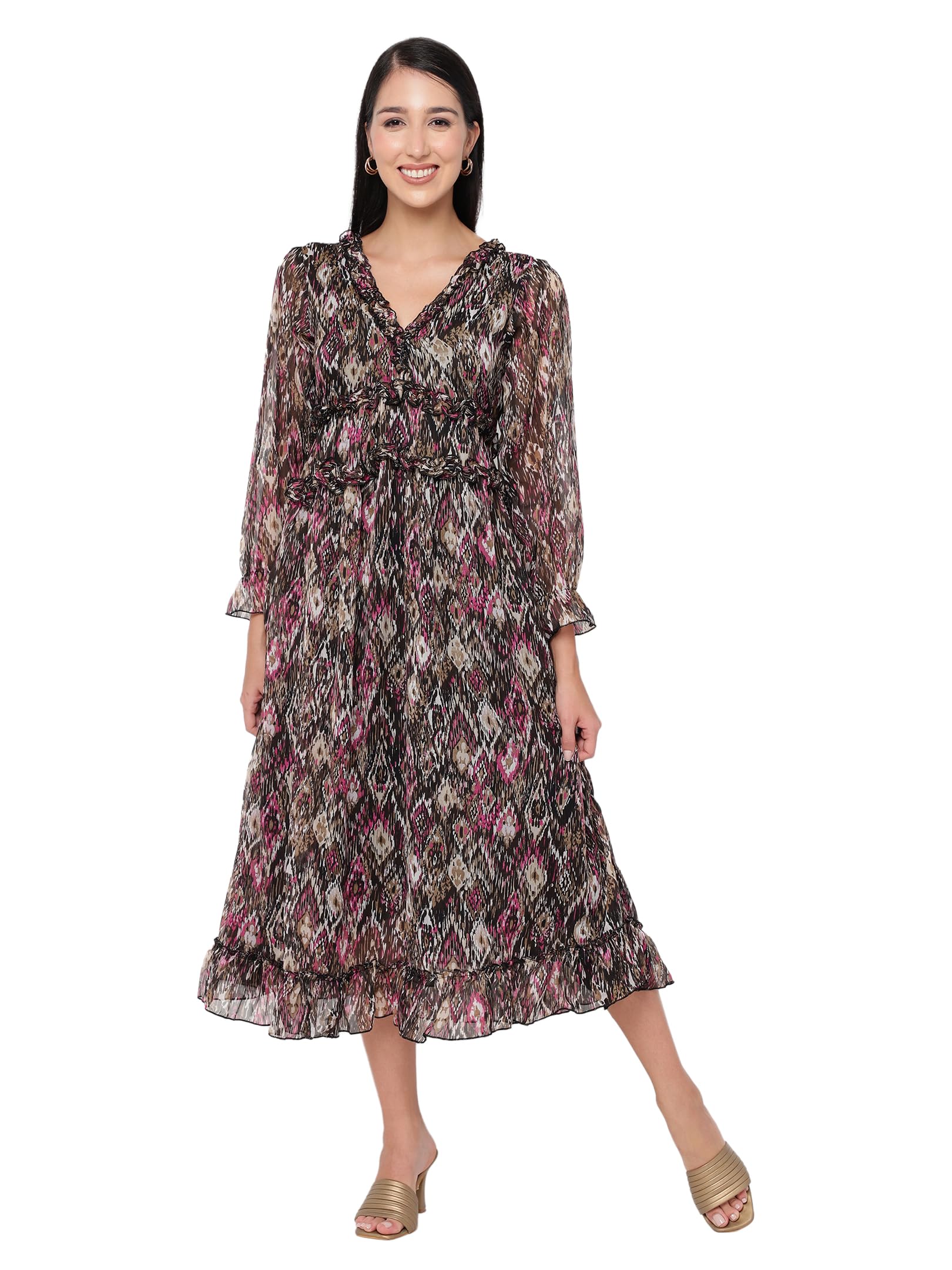 Sugathari Chiffon Black Ditsy Floral Deep V-Neck Ruffle Hem Western Dresses For Women (Dress2 88 Black L)