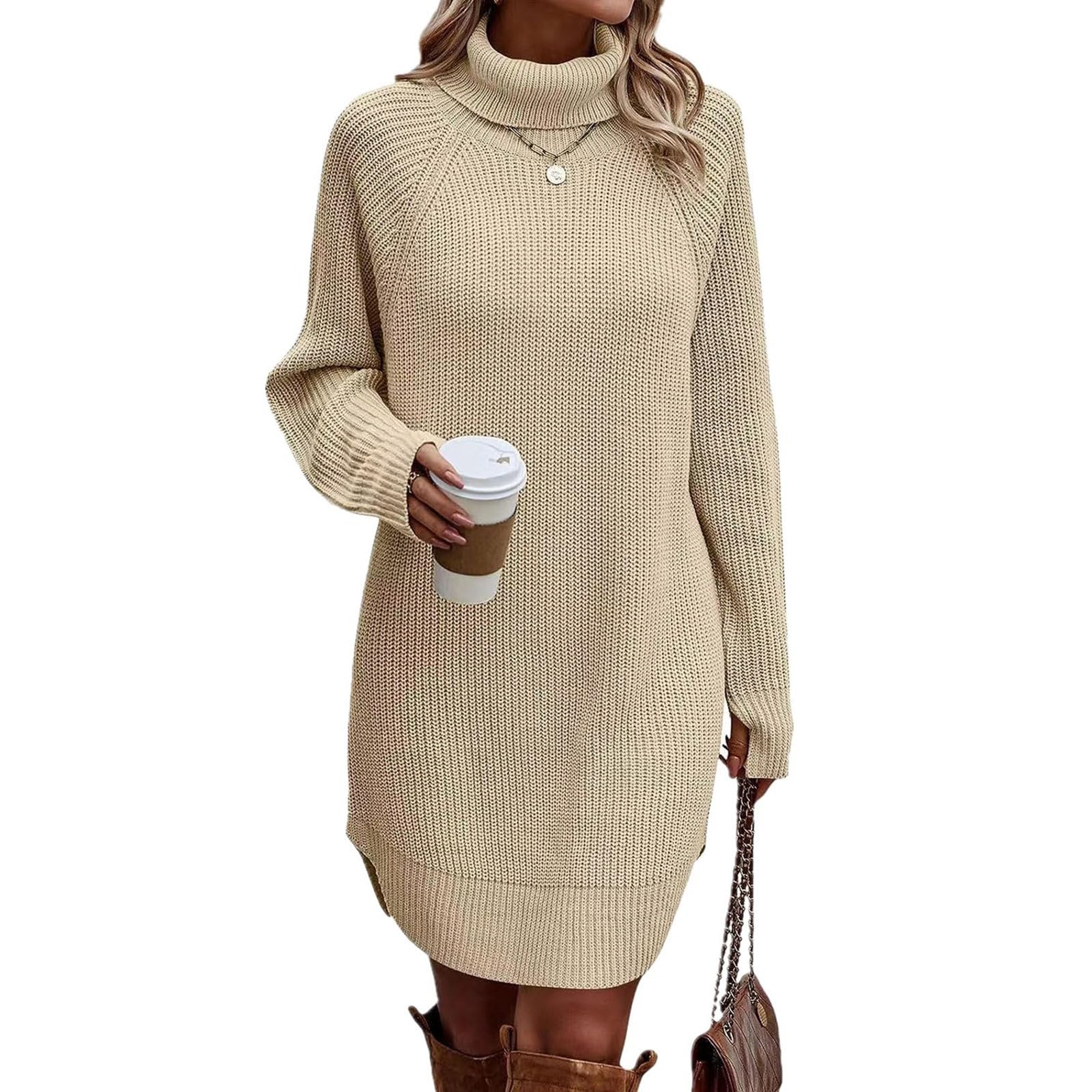 Pull pour femme col roulé à manches longues solide hiver tricoté robe robe tricotée femme motif tresse