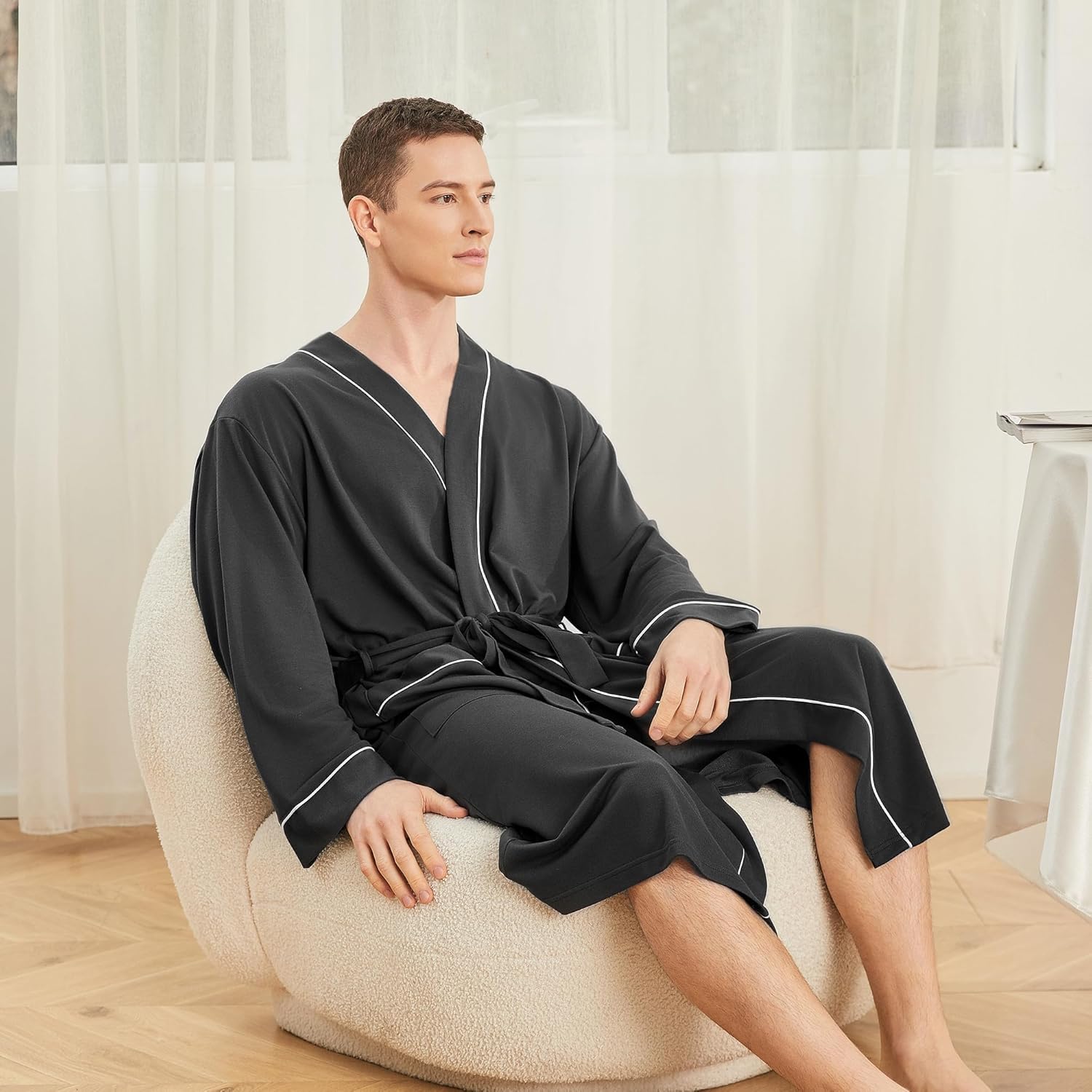 Mens Lightweight Robe, Knit Kimono Bathrobe Spa Sleepwear Soft Knee Length Robe With Pockets - Image 6