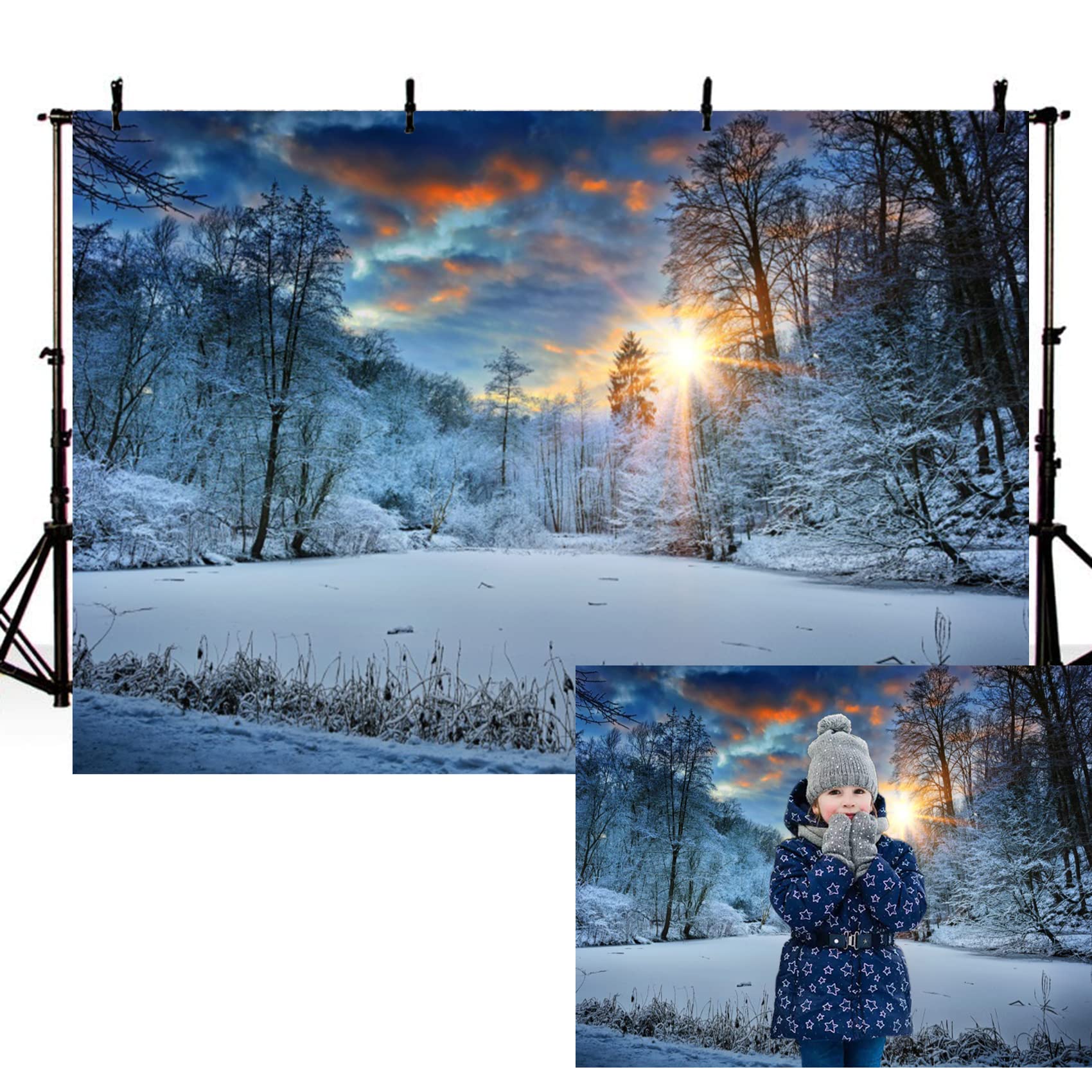 Eainb 5x3ft Sunshine Snow Forest Backdrop Winter Wonderland Pine Photography Background Snow-Covered Themed Kids Birthday Party New Year Decoration