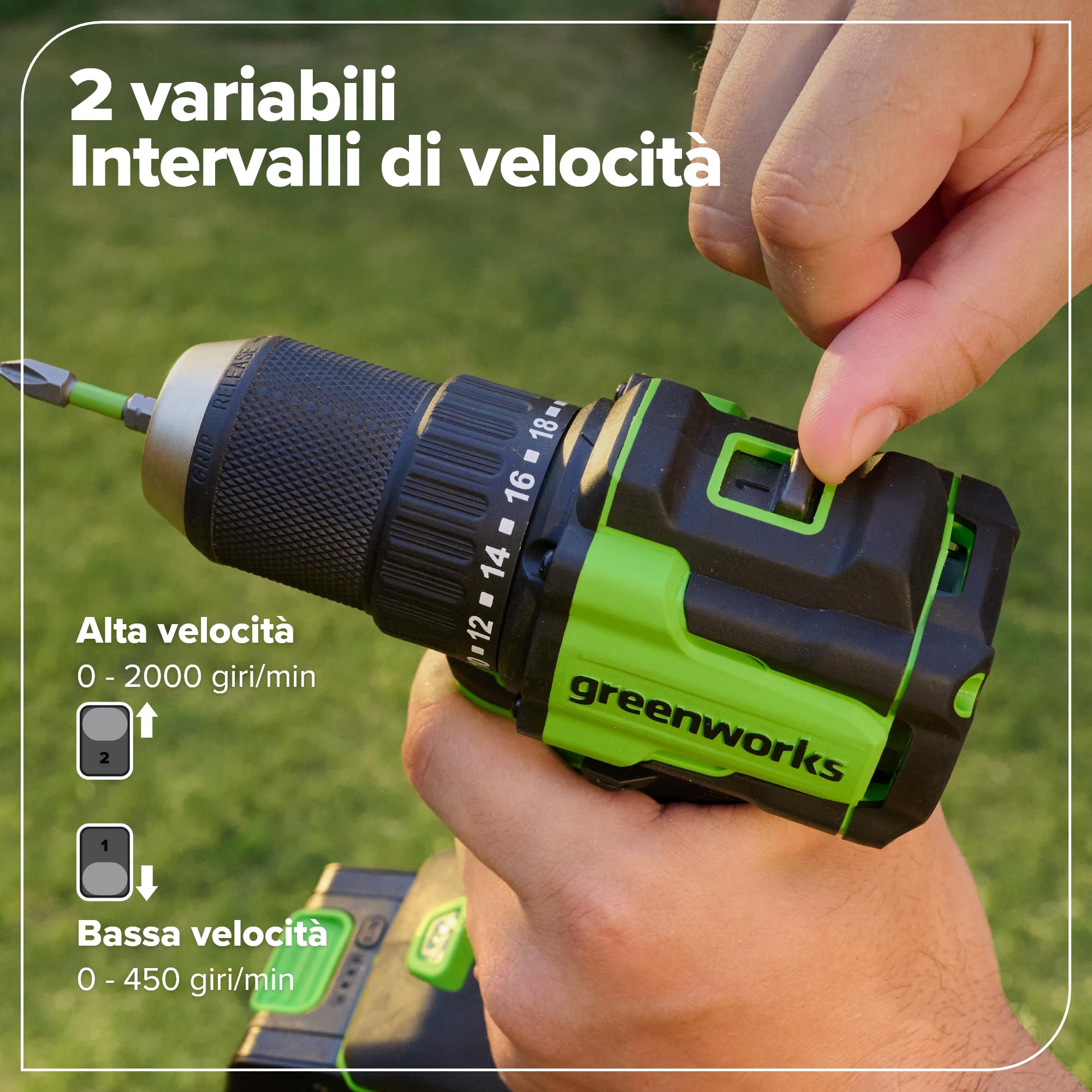 Greenworks 24V Cordless Brushless 45Nm Trapani a percussione, leggero, luce di lavoro a LED, frizione 18 + 1 senza USB-C batteria e caricabatteria