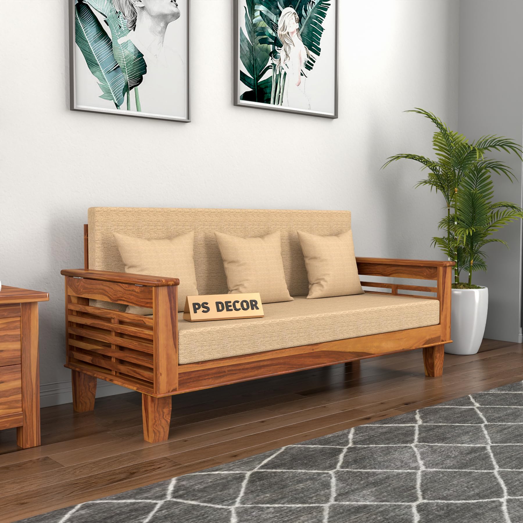 ps decor sheesham wood 3 seater sheesham wood honey finish sofa cum bed for living room (brown, honey finish) 3-person sofa