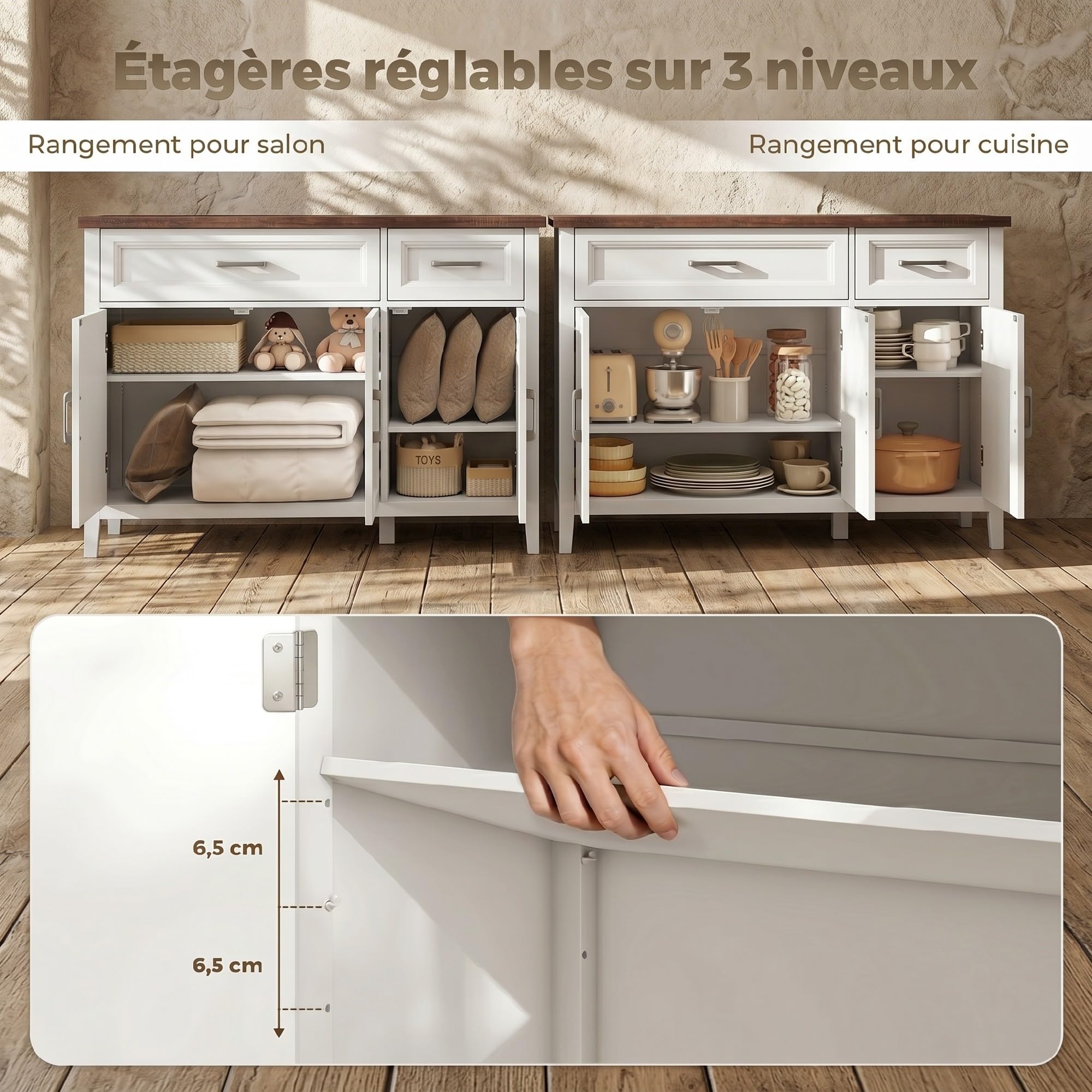 HOMCOM - Aparador para salón (2 cajones, 2 estantes ajustables, 110 x 35 x 80,5 cm), color blanco | Mueble de almacenamiento, 3 puertas de Chevron, estilo rústico, aparador comedor, cocina