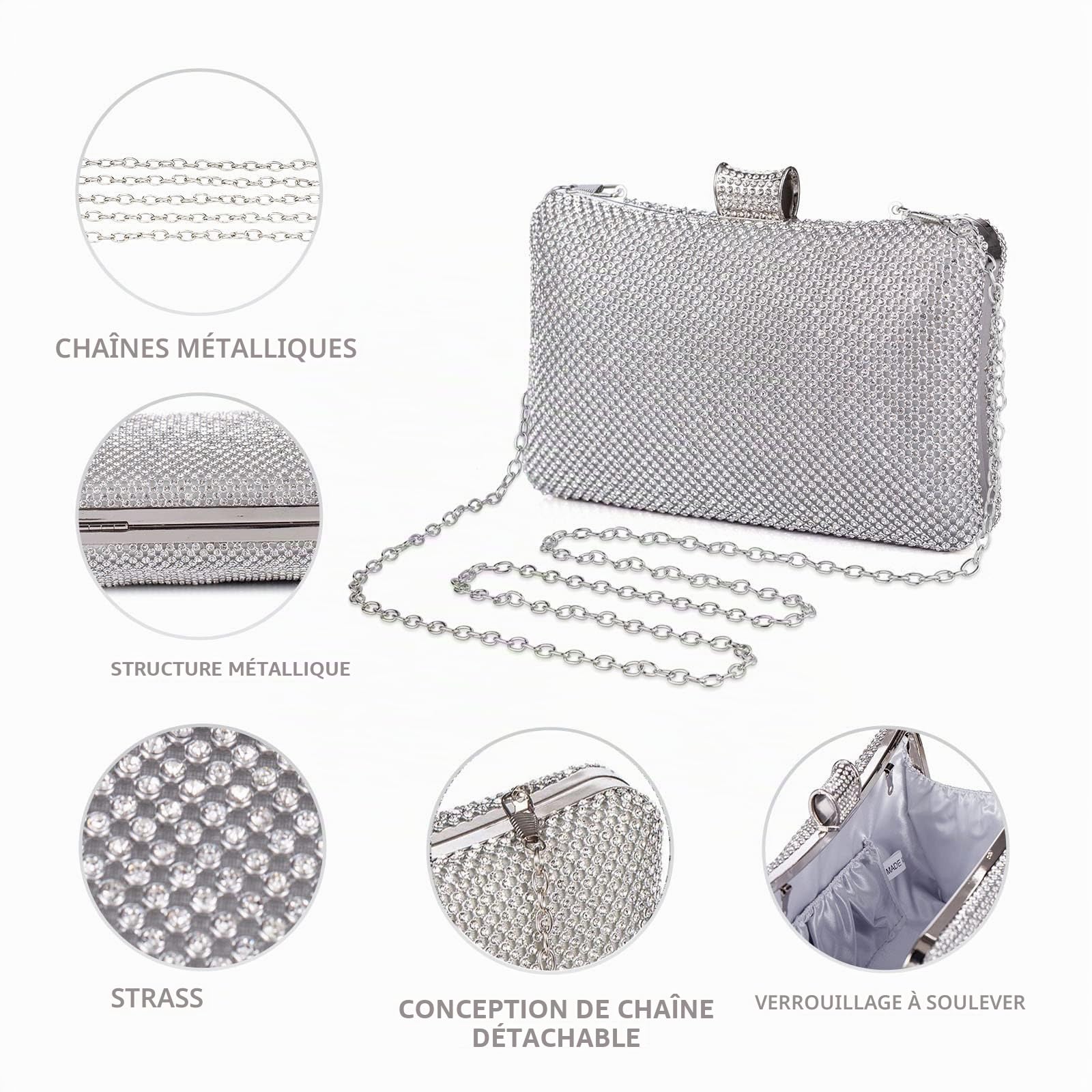 BAIGIO Pochettes et Clutches Femme en Strass, Sac Bandoulière avec Chaîne, Elegante Pochette Sac a Main Femme Ceremonie Mariage Cocktail