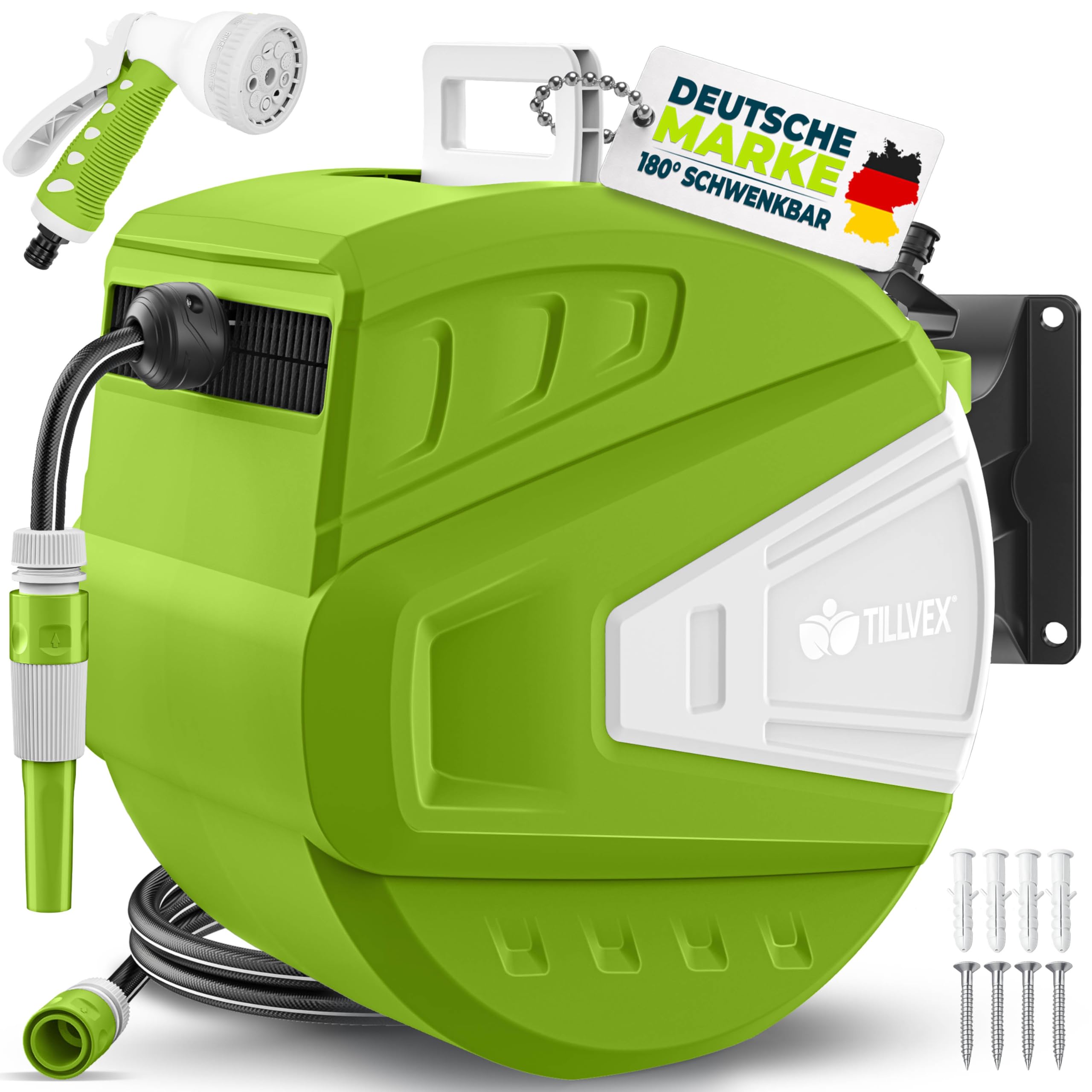 tillvex Schlauchtrommel Wasser mit Wandhalterung + Tragegriff | Schlauchaufroller mit Handbrause und Gartenschlauch | 180° Schwenkbar | Wand-Schlauchbox mit Aufroll-Automatik (Grün, 15m)
