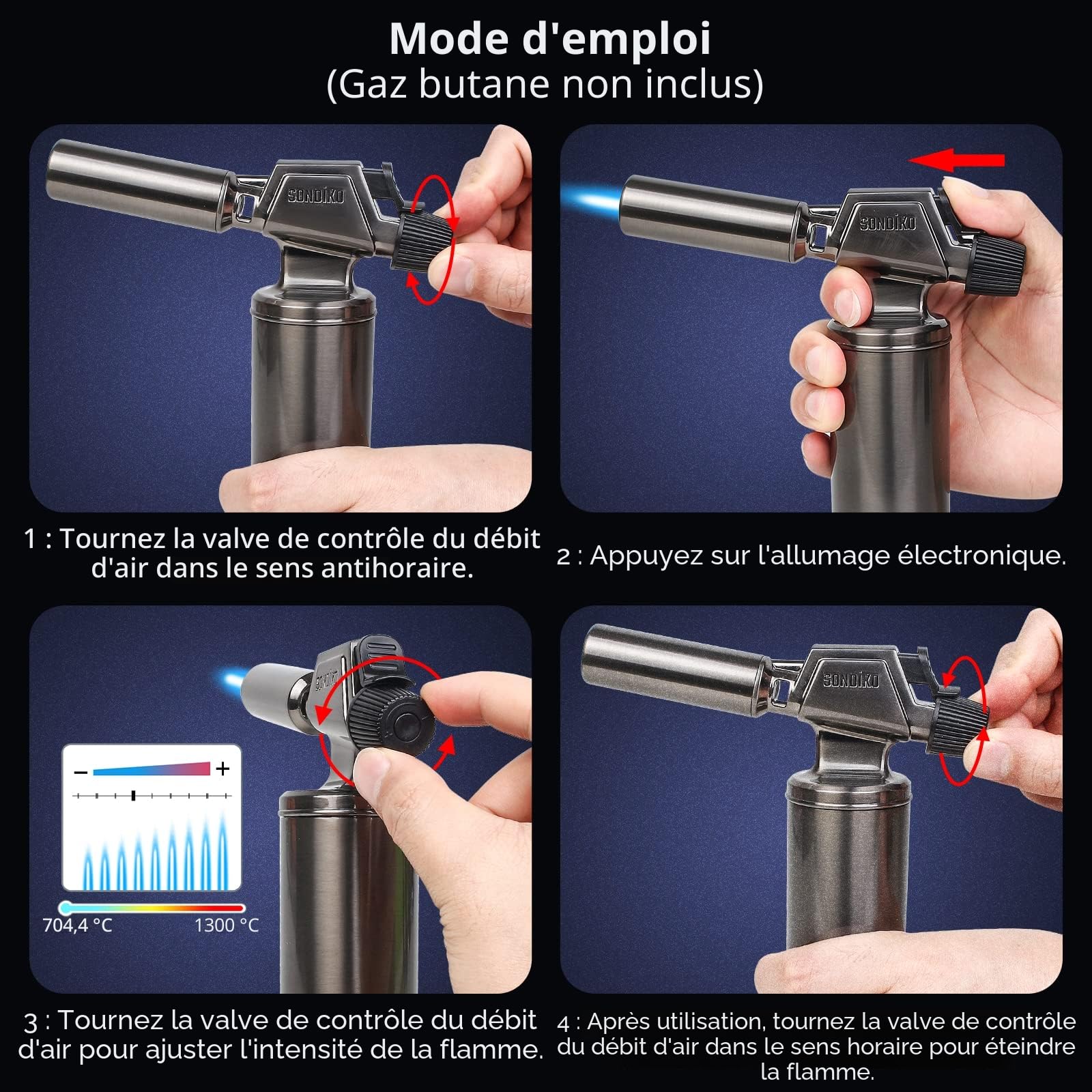 Sondiko Chalumeau Au Butane, Chalumeau Rechargeable à Grande Flamme En MéTal, De Qualité SupéRieure, Et RéSistante Au Vent Pour La Cuisine, Le Barbecue, La Soudure(Gaz Butane Non Inclus)