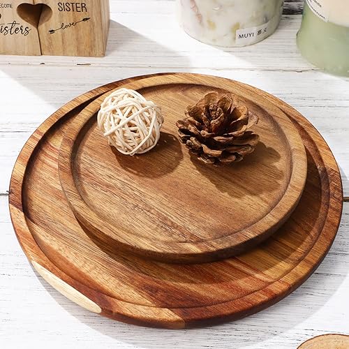 Miniatura 2 de STOBAZA Bandejas decorativas de madera de acacia para mesa auxiliar, juego de 2 bandejas redondas de madera para centro de mesa, bandeja para velas,