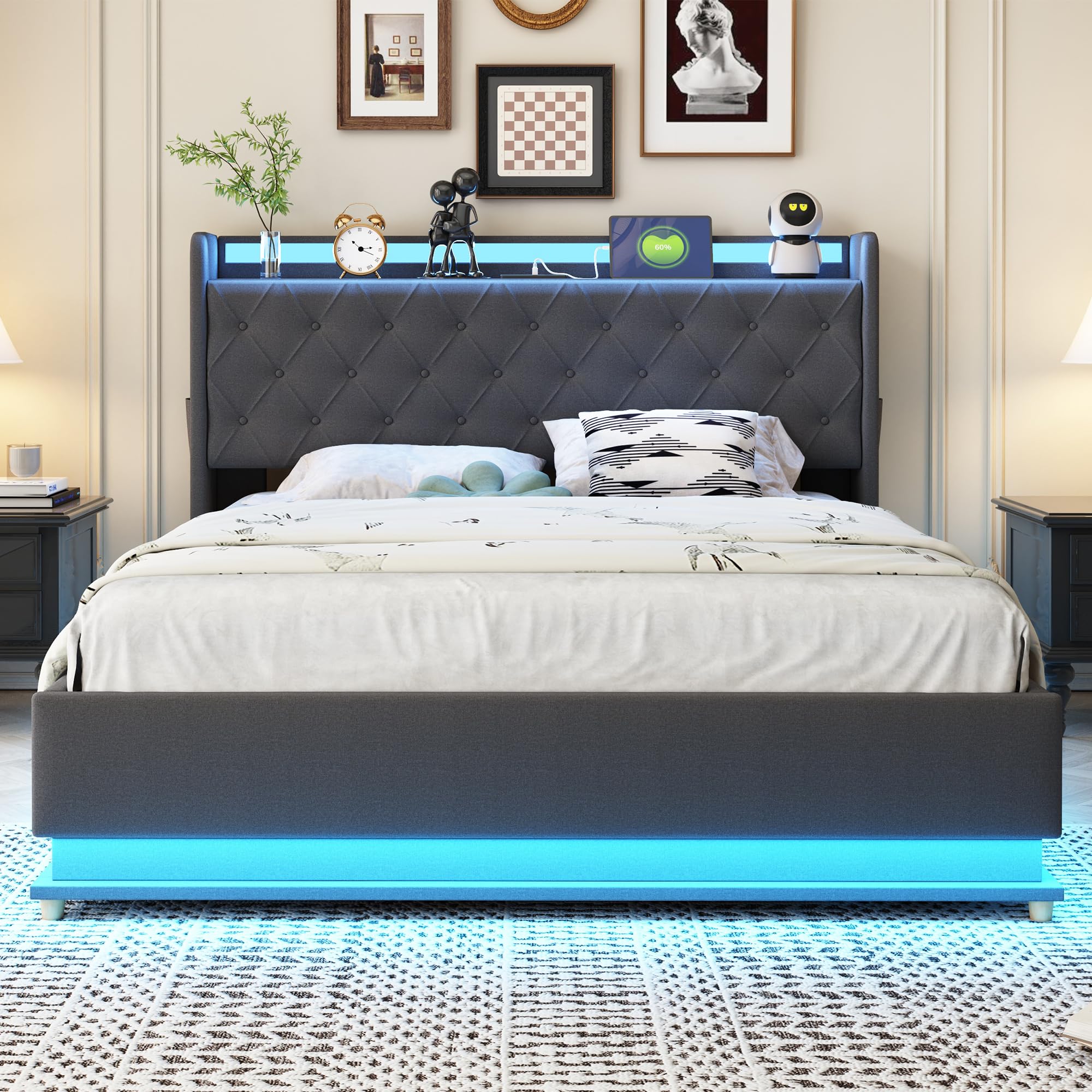 Kayan LED-Polsterbett 140X200 cm, Bett mit Großer Stauraum & Lattenrost, Bettgestell Metall Boxspringbett, Polster Kopfteil mit Regal und USB-Ladeanschluss, Ohne Matratze