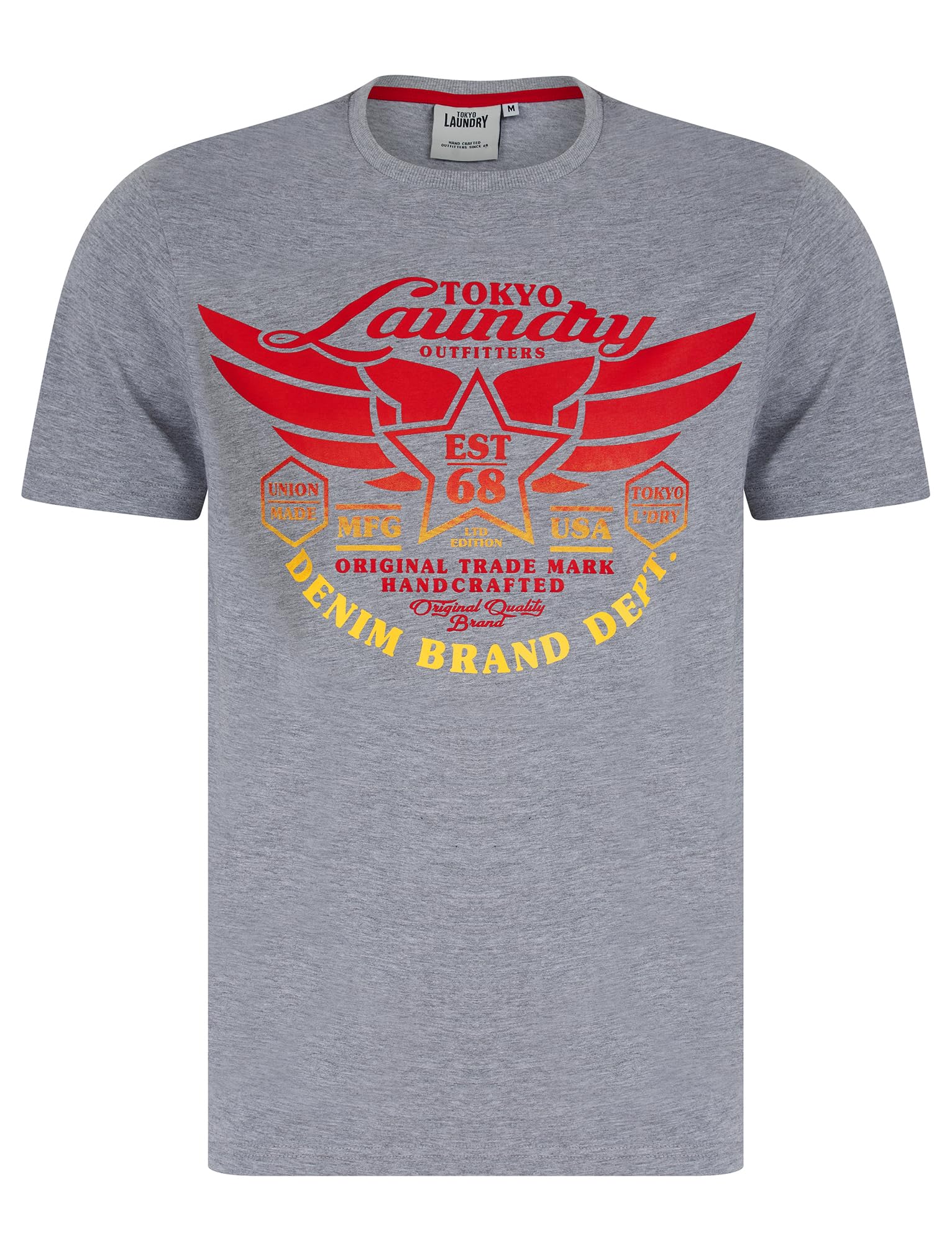 Tokyo Laundry Men's Light Grey Marl 'Westwood' Vintage Graphic Print Motif Cotton Jersey Crew Neck T-Shirt