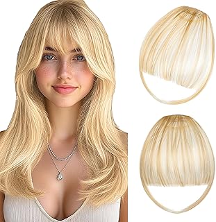 Bangs Hair Clip - Light Blonde Mix Bleach Blonde Clip in Bangs, Fake Bangs Hair Clip on Bangs for Women Fringe with Temples Wispy Bangs Hairpieces Curved Bangs for Daily Wear