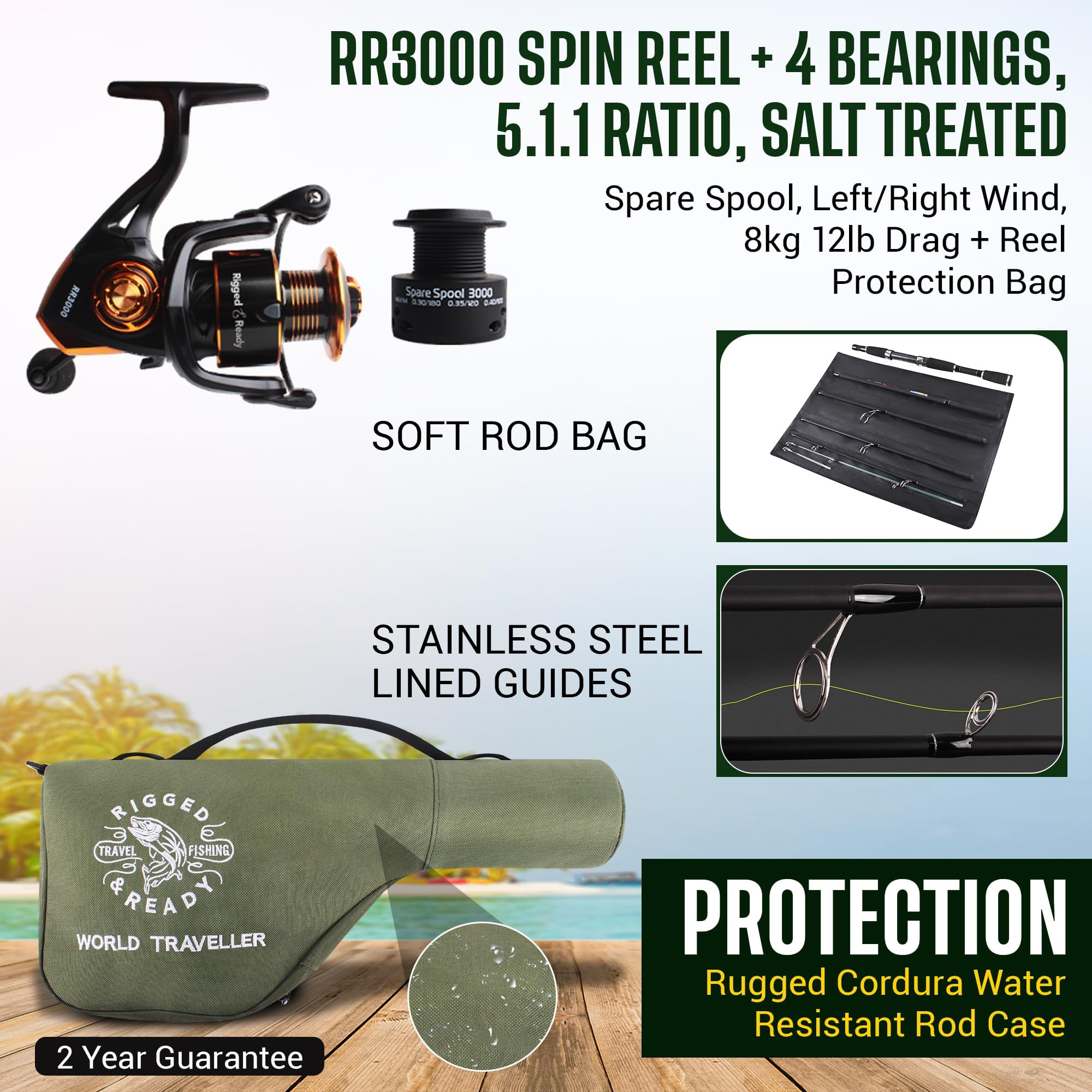 Rigged and Ready World Traveller Travel Fishing Rod Reel & Case Set Compact 6 Sections, 2 Tips 215 cm 7 Inches + 1.9 cm 6 Inches 2.5 cm Nano Carbon Fishing Rod Options Spin Bait Carp Pike Sea Fishing