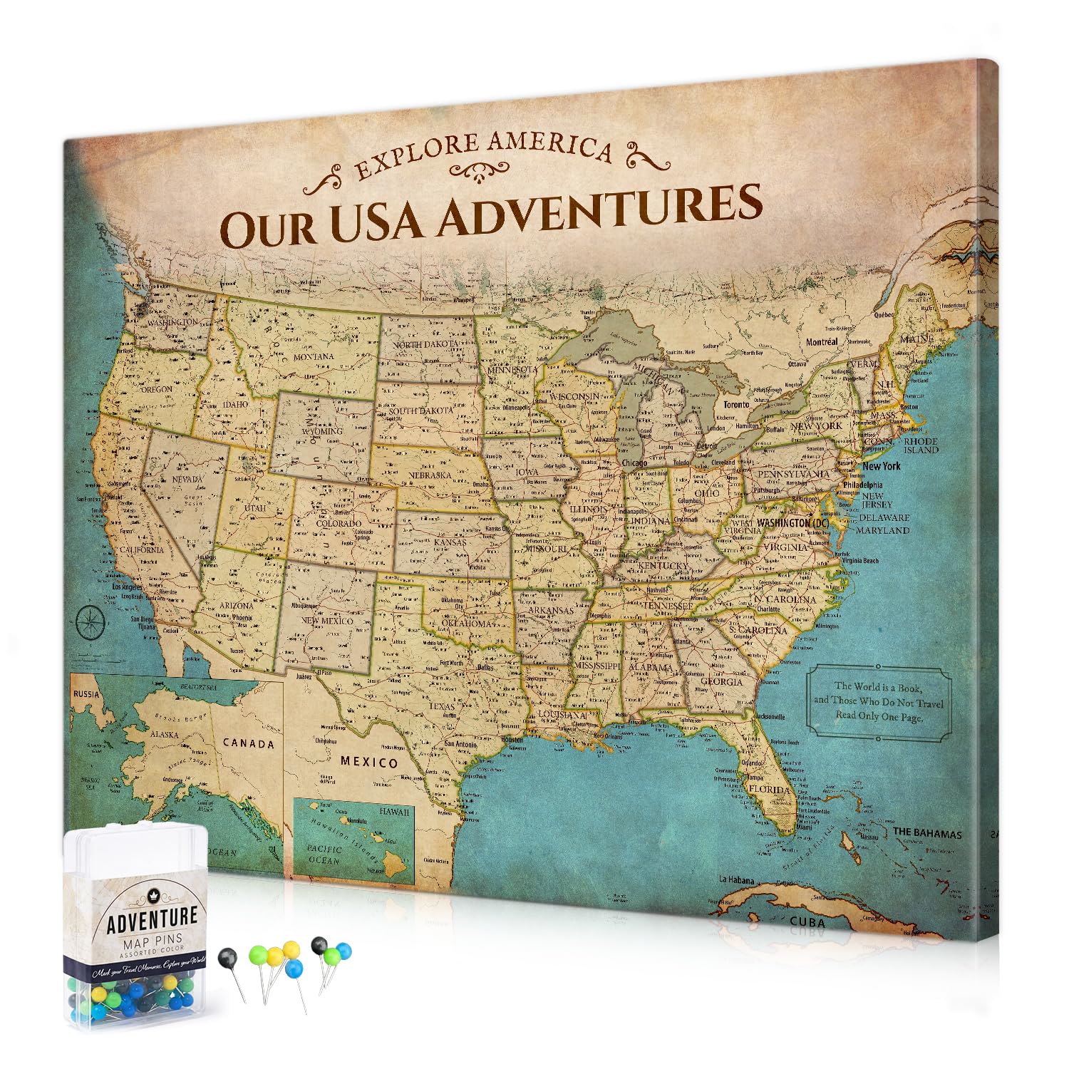 DECORARTS USA Travel Map with Pins, Antique USA Map Pin Board, 20x16''