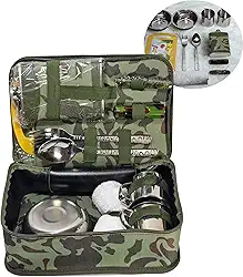 Kit de Utensílios Camping Camuflado – Talheres, Pratos e Copos Aço Inox + Estojo Militar – Conjunto Completo para Trilha e Acampamento ao Ar Livre