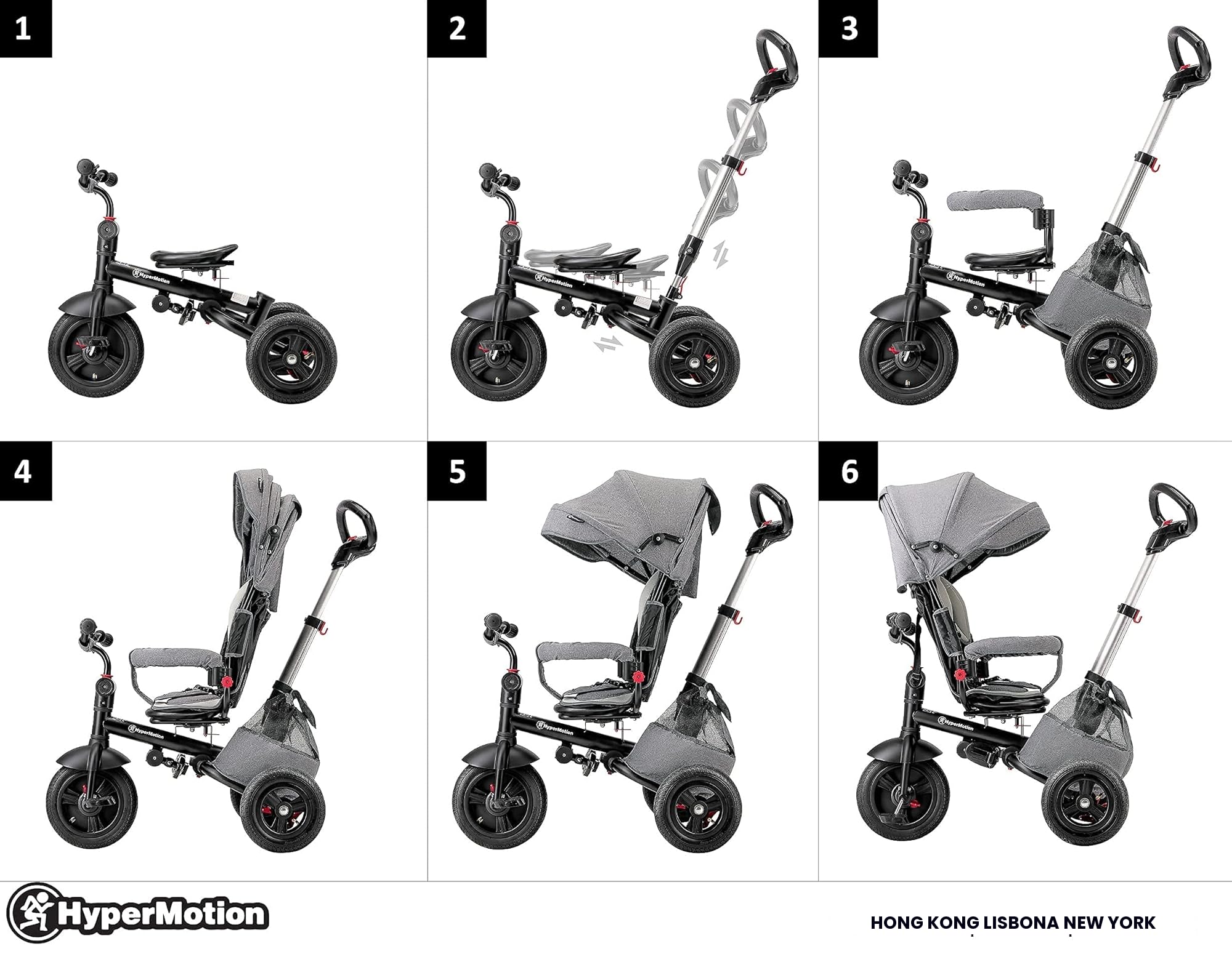 HyperMotion Passeggino Triciclo Evolutivo per Bambini 12 Mesi - 5 Anni, Bicicletta con Sedile Girevole e Ruote Gonfiabili, Portata 25 kg, Pieghevole con Parapioggia, Ideale per Parco e Giardino - Grey