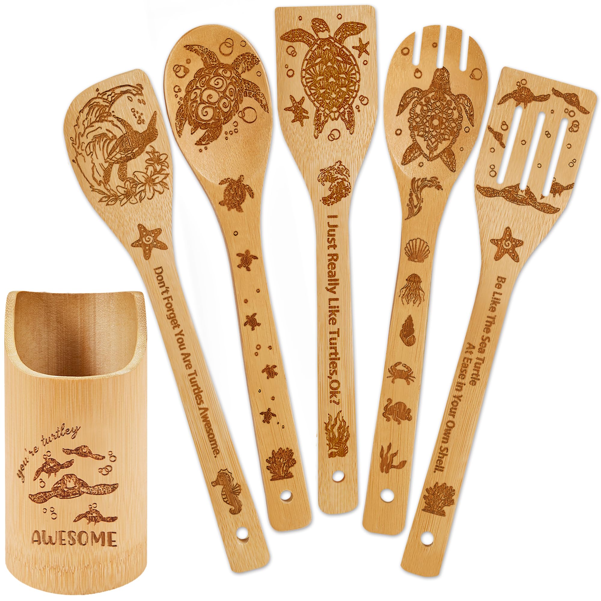 Juego de 6 cucharas de madera de bambú para cocinar (tortuga marina)