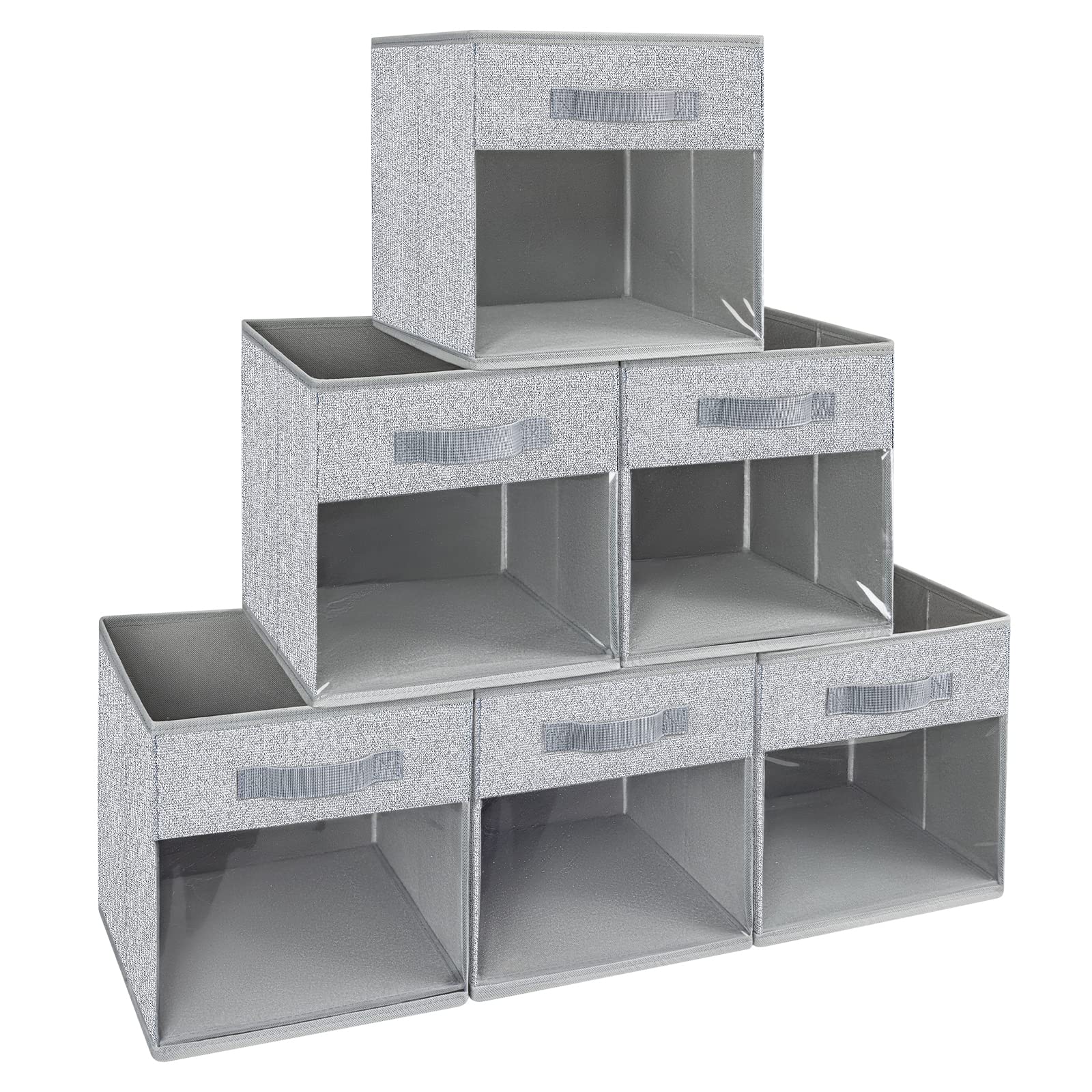 DIMJ Cube Bins, 6 Packs Fabric Storage Bins Cubes with Window, Collapsible Storage Bins with Handles, Closet Storage Baskets for Organizing Living Room, Office, Blended
