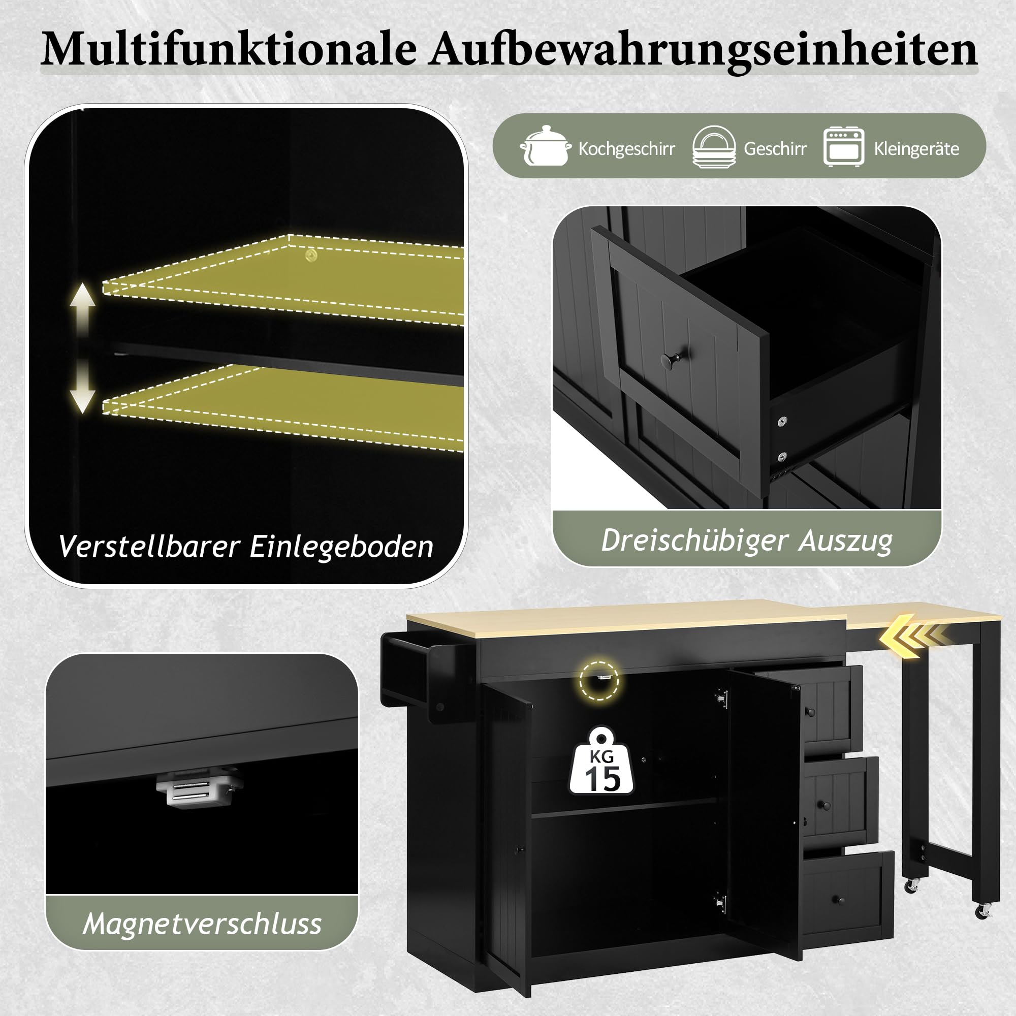 Kücheninsel auf Rollen mit ausziehbarer Arbeitsplatte, Mobile Kücheninsel mit Schubladen & Gewürzregal, freistehender Küchenwagen, platzsparend für kleine Küche & Esszimmer (Schwarz)