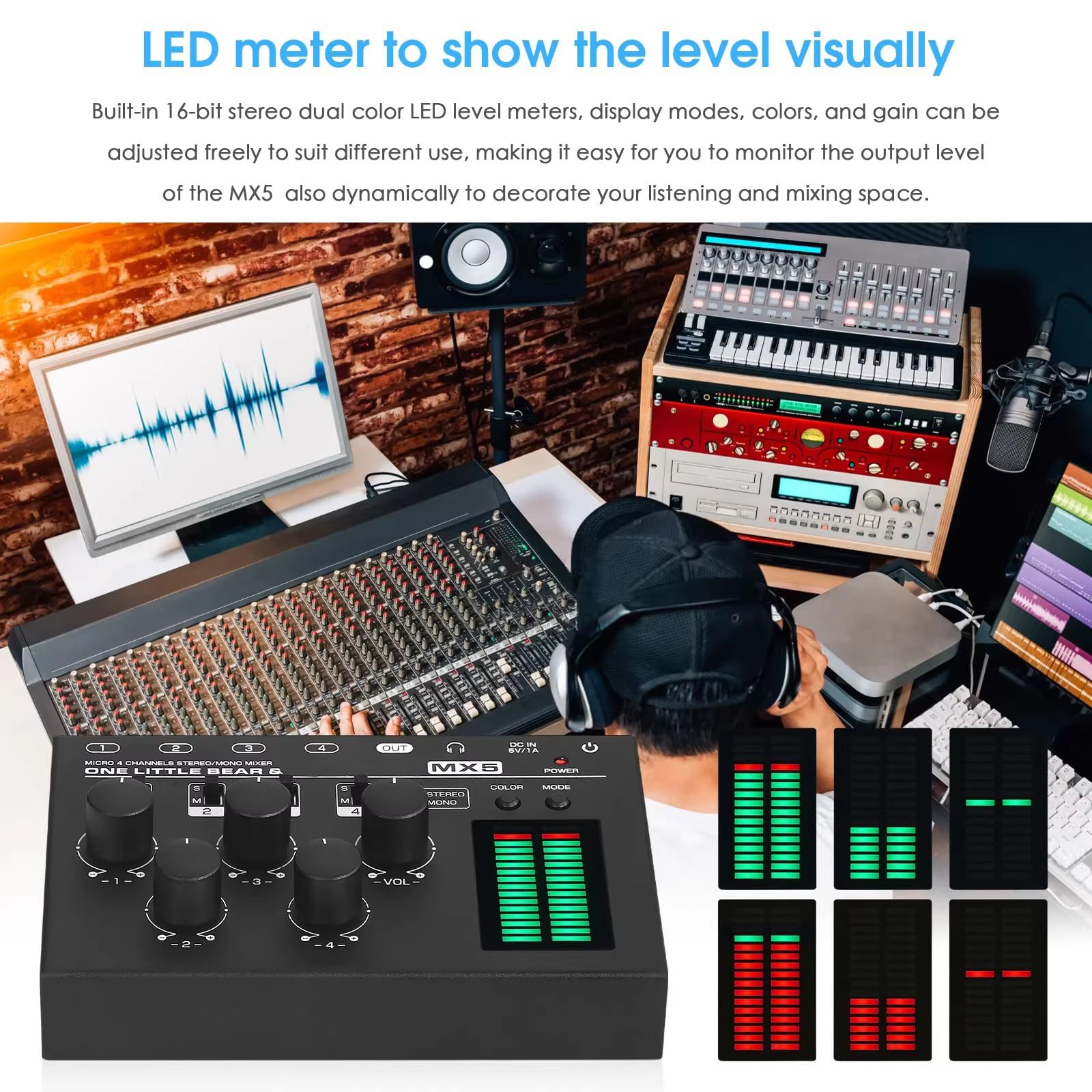 4-kanałowy mikser audio, mikser mono i stereo, z miernikiem poziomu LED - regulowany kolor i wzmocnienie, gniazdo słuchawkowe 3,5 mm, ultra niski poziom hałasu