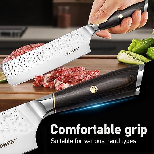 Miniatura 6 de anshee Cuchillo japonés Nakiri de 7 pulgadas y cuchillo de cocina de acero inoxidable de alto carbono con hoja martillada antiadherente, mango