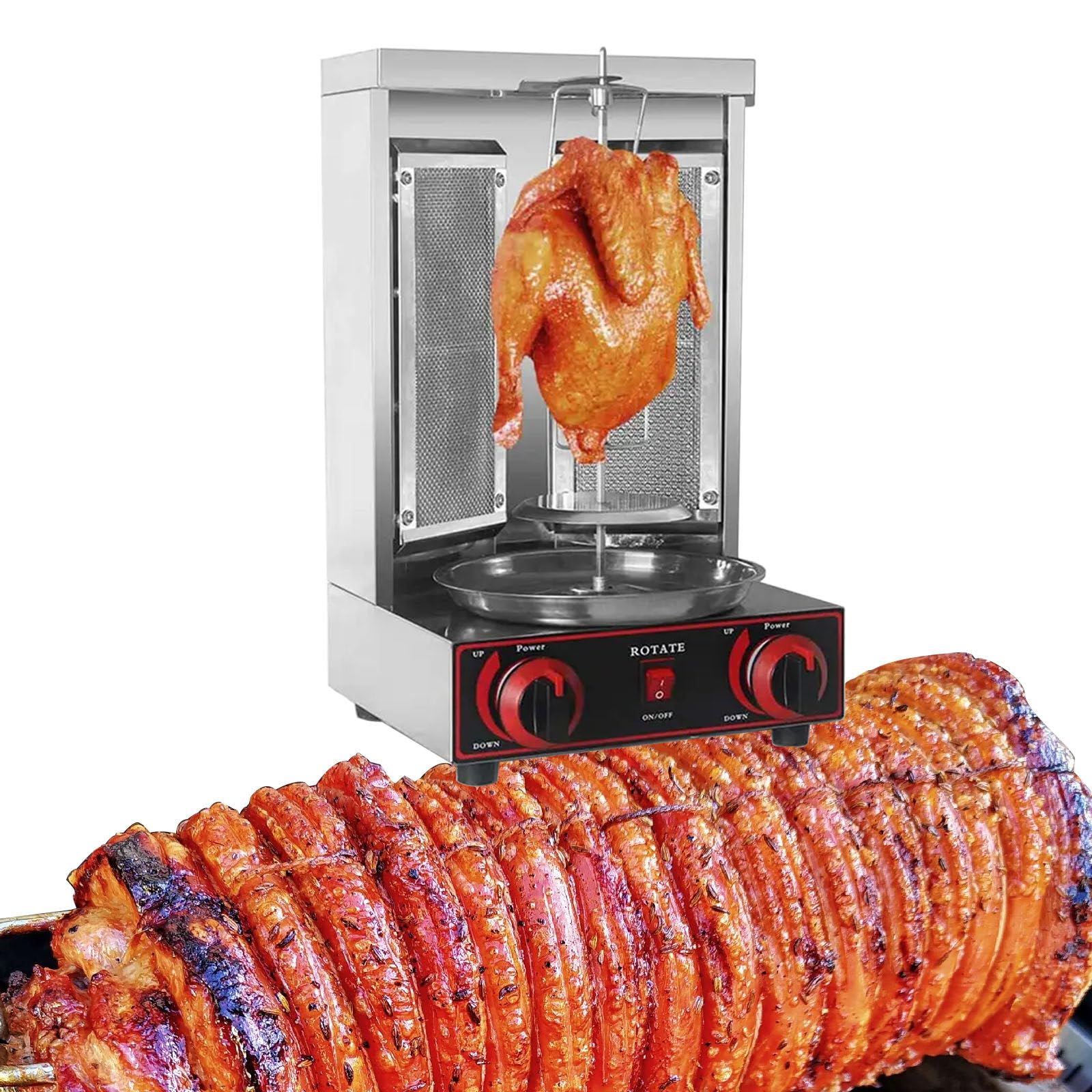 Electric Vertical Rotisserie Machine, Stainless Steel Broiler Barbecue Oven - for Commercial and Domestic Use, Doner Kebab Gyro Grill Machine, Countertop Rotisserie Cooki-Silver-110V