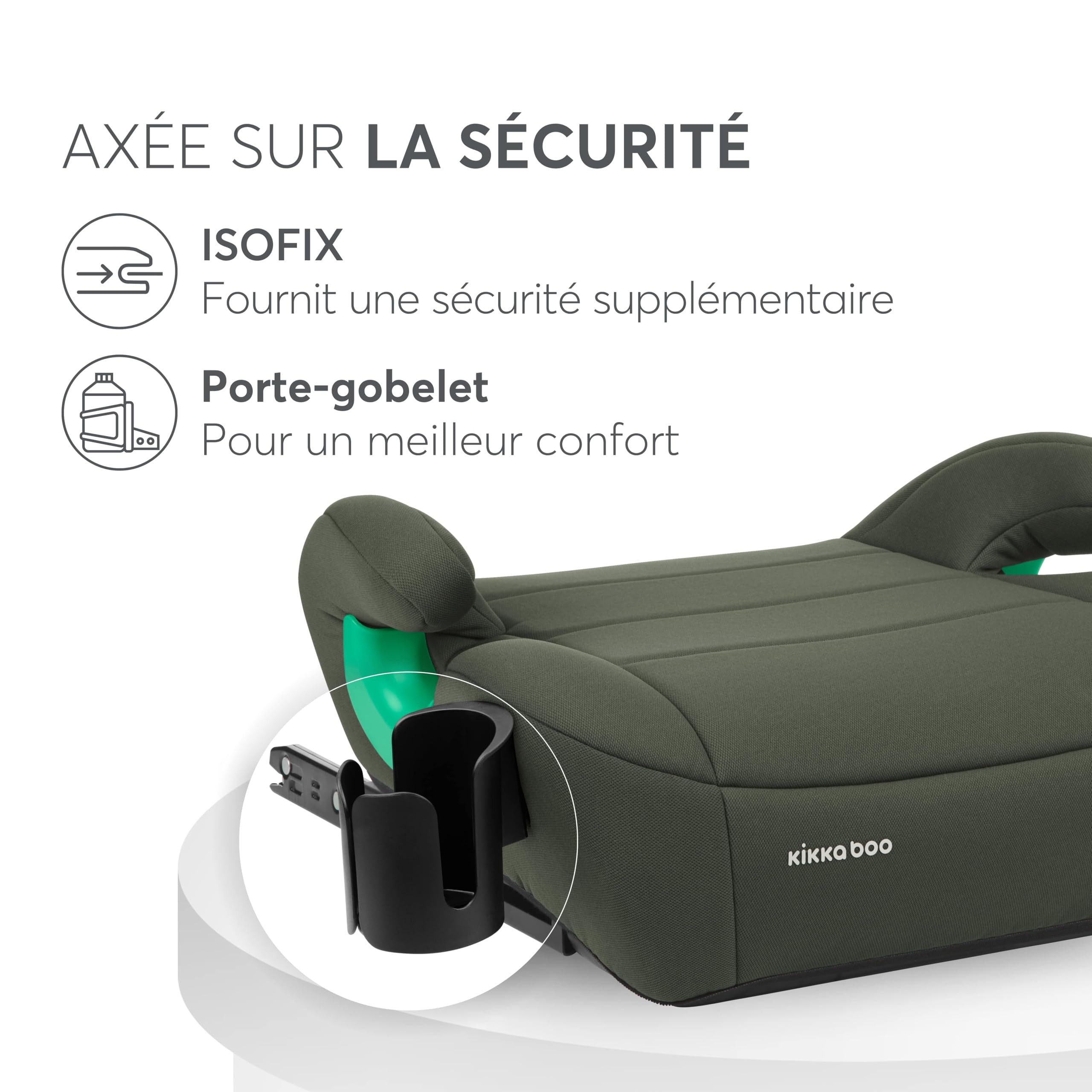 KikkaBoo Rehausseur Voiture Enfant ISOFIX i-POP, i-Size 125-150 cm, Groupe 3, 7-12 Ans, 22-36 kg, Siège Auto, Vert Militaire