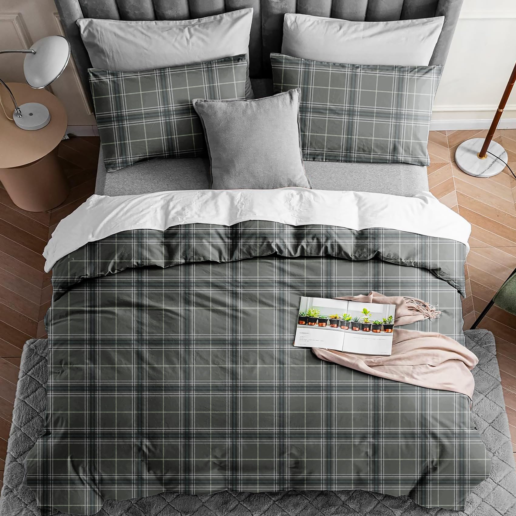 Duvet Cover Queen Size, Reversible Floral Gray Plaid Duvet Cover Set with Zipper Closure, 3 Pieces Botanical Patterns Soft Microfiber Bedding Set with 4 Ties (90"x90", 2 Pillow Cases)