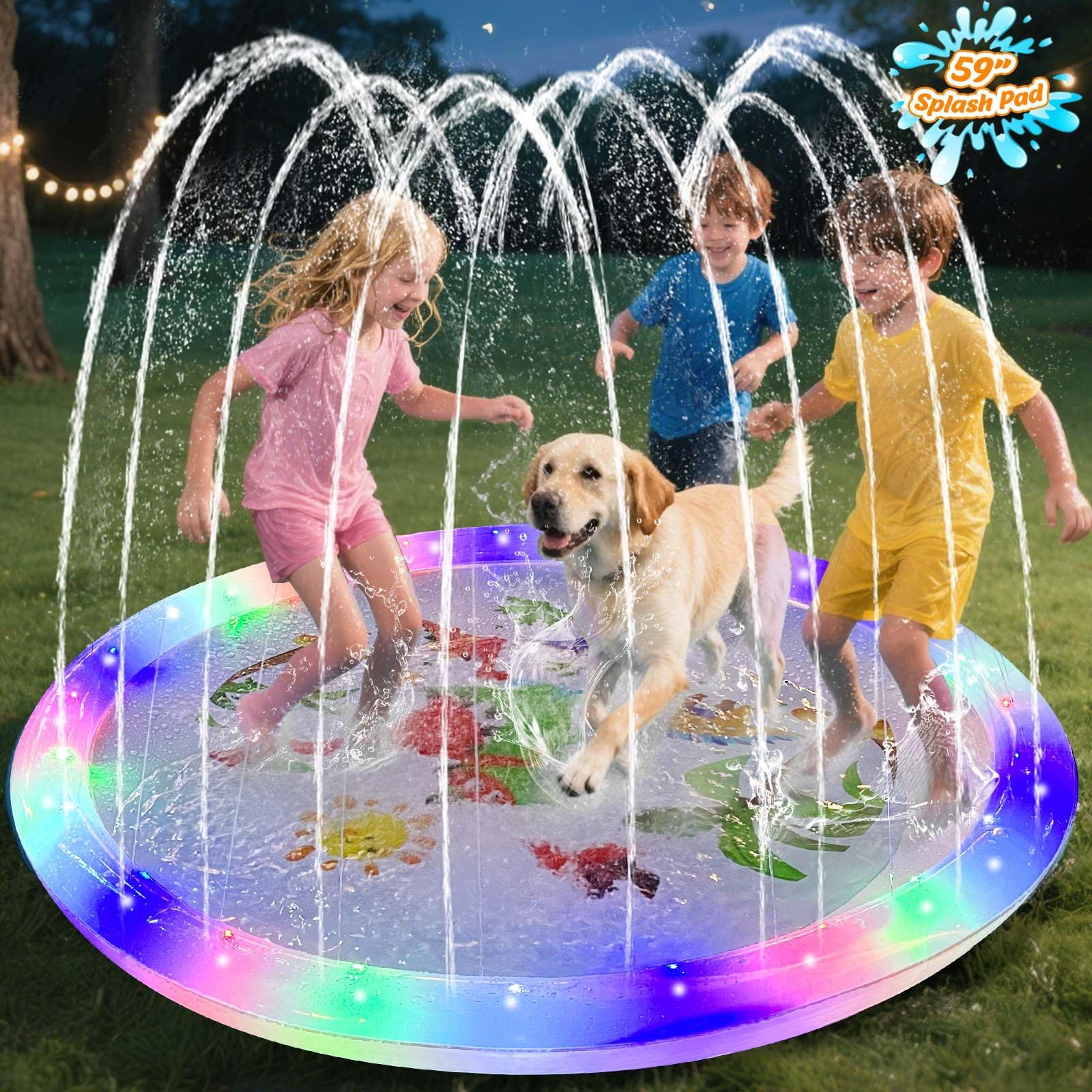Splash Pad, Light Up Sprinkler Pool for Kids and Dog, 59