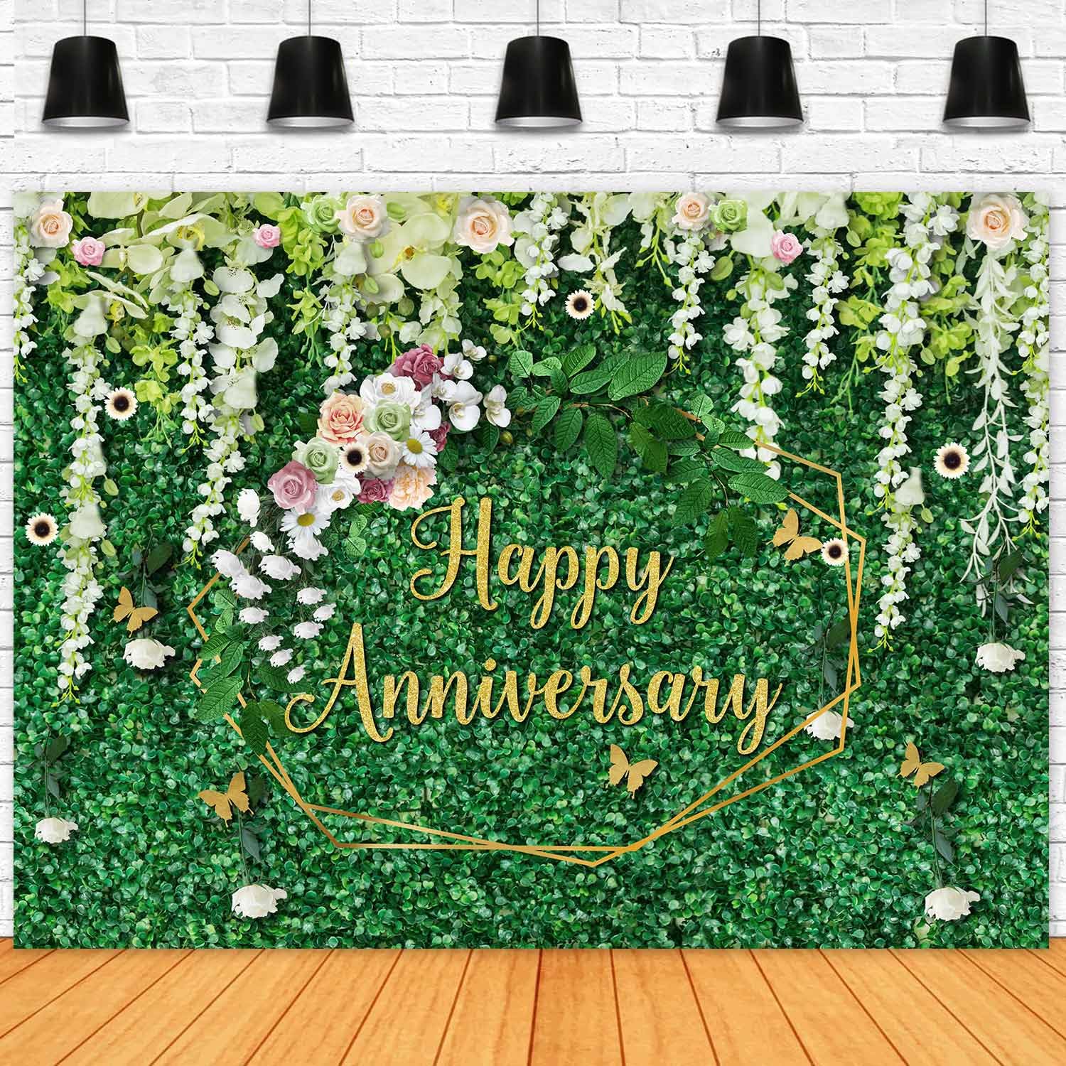Sensfun Happy Anniversary Backdrop Green Grass Floral Banner Cheers to Wedding Anniversary Party Decorations Marriage Memorial Portrait Photo Booth