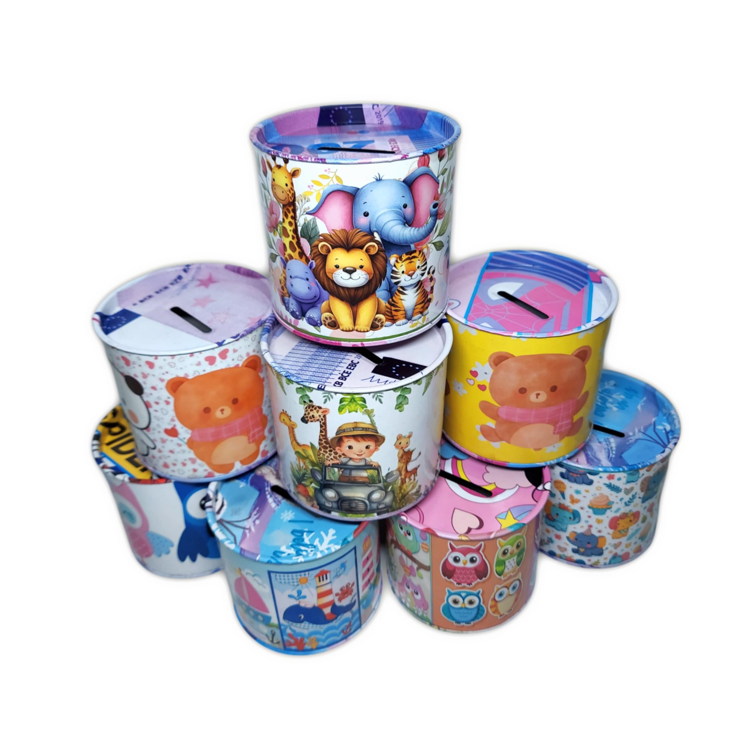 AYLA World Piggy Bank Money Box for Kids (Pack of 6), Multicolor Mixed Design, Cardboard/Metal Hundi Age 5-12 Years, Birthday Return Gift for Boys and Girls, Best Gift for New Year, Christmas (6)-image-13