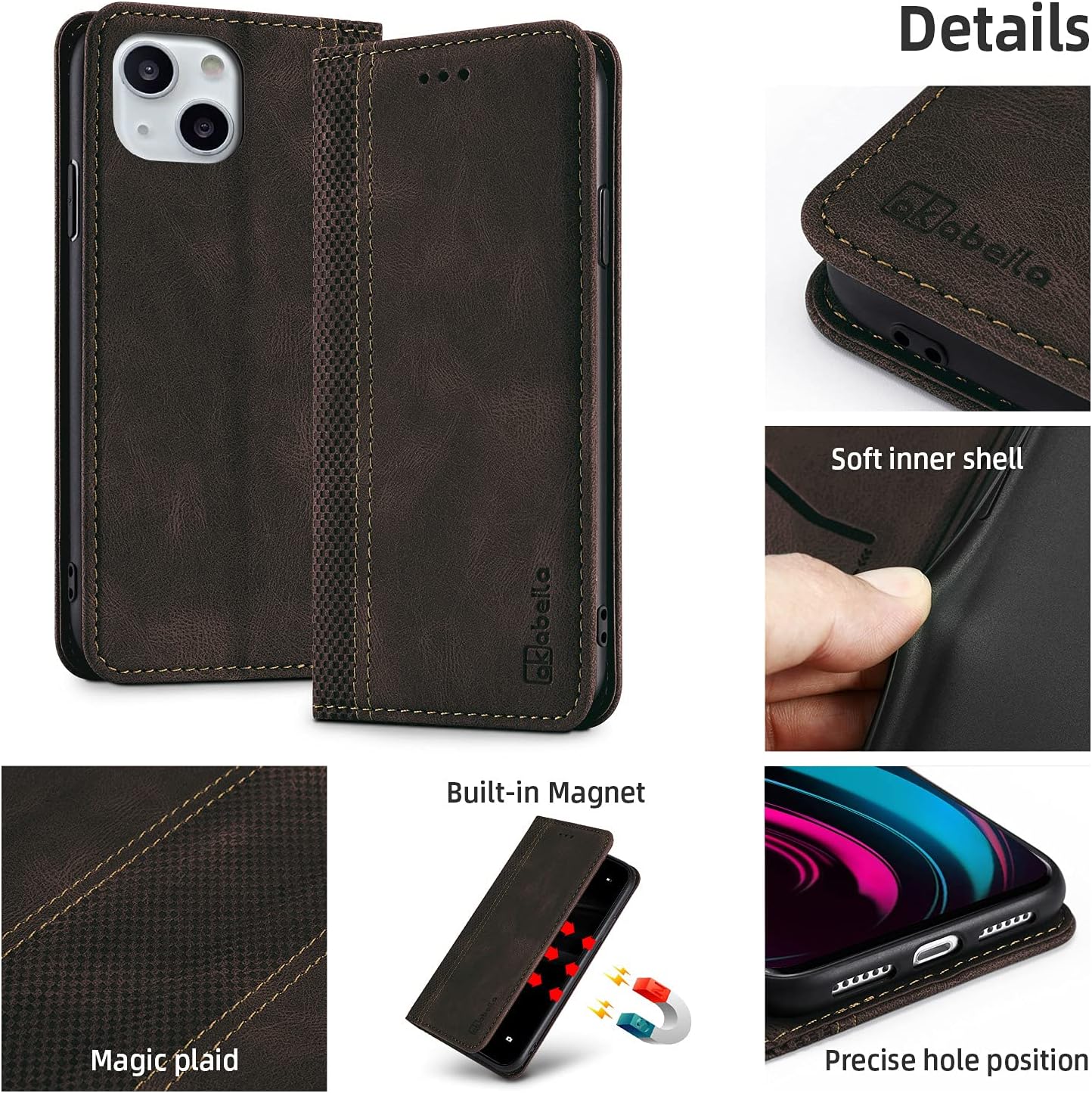 AKABEILA for iPhone 14 Case Luxury PU Leather Flip Case for iPhone 14 Folio Wallet Phone Case Women Men Cover with Card Holder Magnetic Closure Kickstand Shockproof Cover 6.1" Dark Brown
