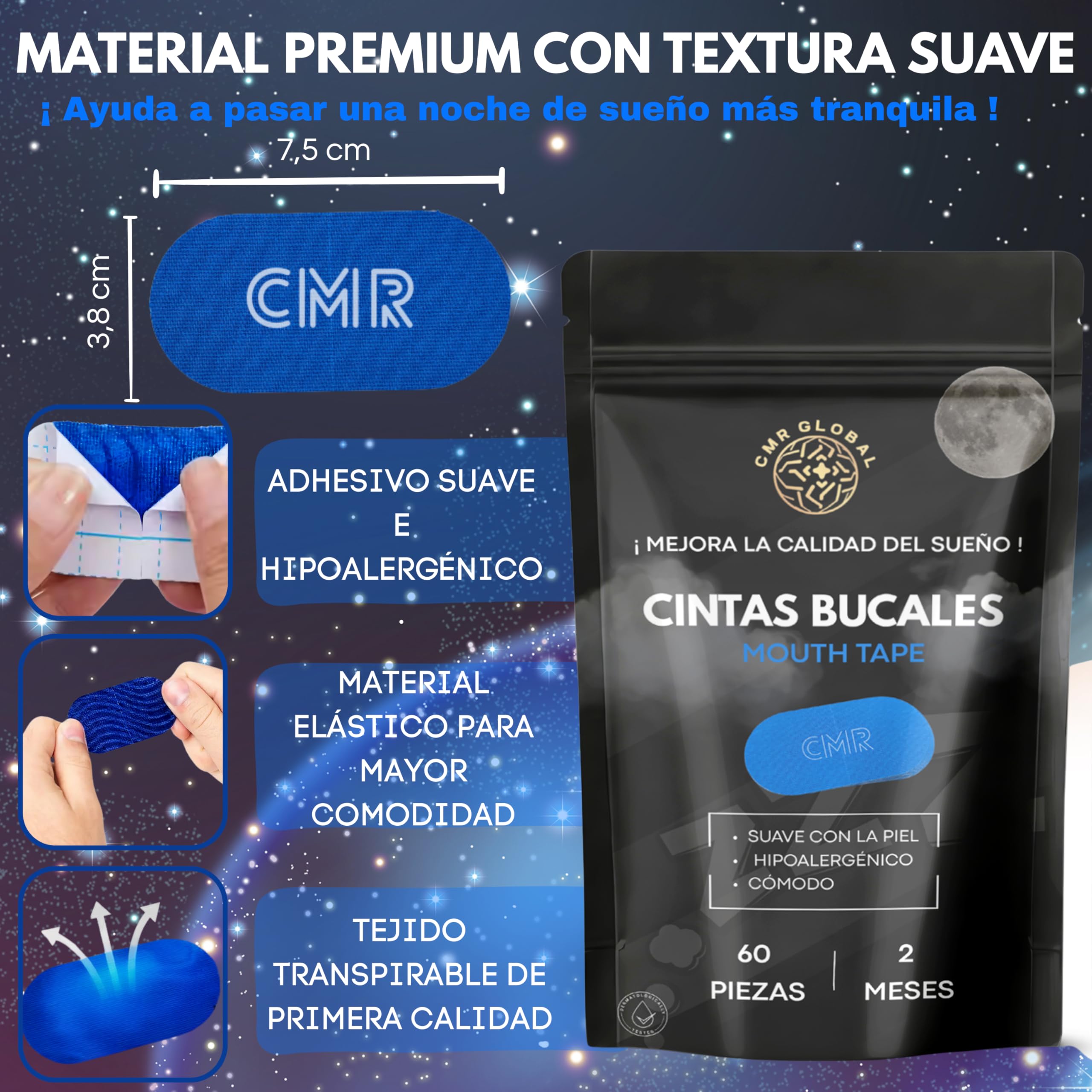 PACK PRO PREMIUM Pack de 60 Tiras Bucales Mouth tape para dormir. Antirronquidos para Dormir con la Boca Cerrada. Cinta Bucal Mejora la Respiración y Reduce los Ronquidos. Tiras Para Dejar de Roncar.
