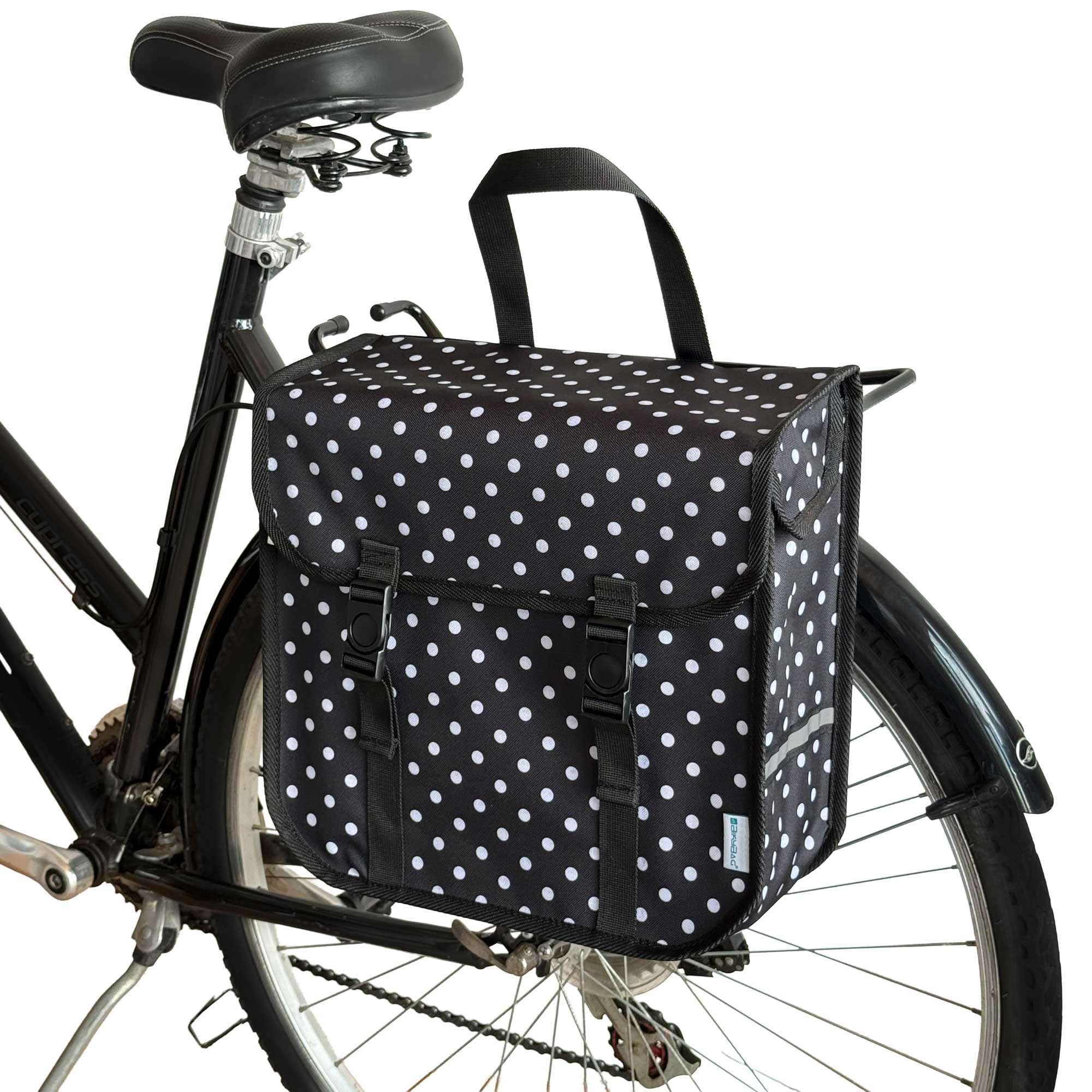 BikyBag Classic One – Single Bike Pannier Bag (13 L, Durable, Clip-On Rear Carrier Rack) ‍ (White Polka Dots)