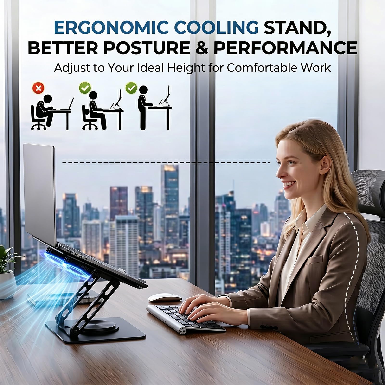 Supporto per computer portatile con doppia ventola di raffreddamento silenziosa, base girevole a 360°, supporto ergonomico per computer portatile, in acciaio al carbonio resistente, pieghevole