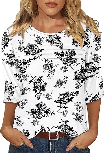 KISSMODA Women's Casual 3/4 Sleeve T-Shirts Round Neck Cute Tunic Tops Basic/Pleated Summer Tops Trendy Spring Blouses