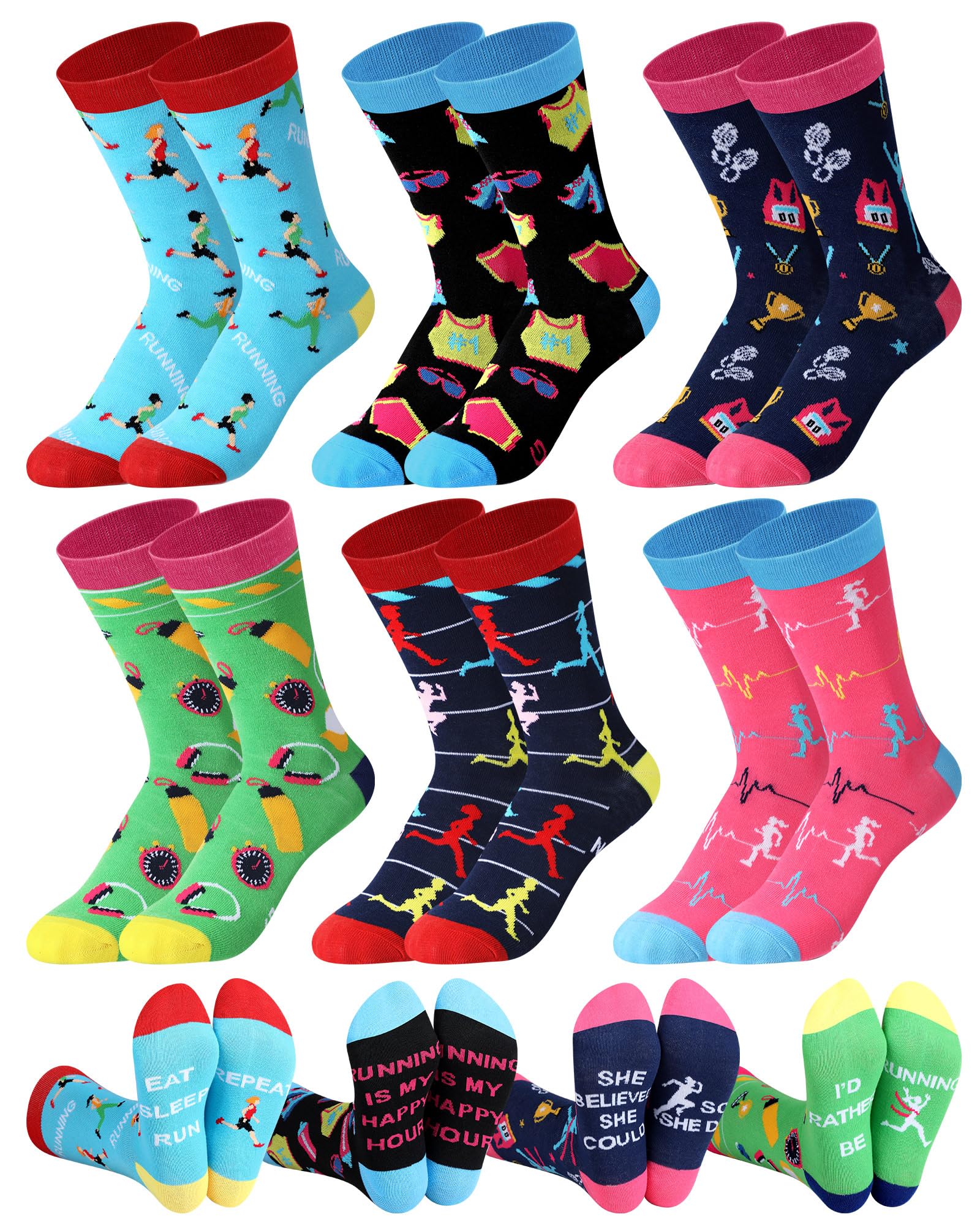 Glitopper 6 Pairs Funny Runner Socks for Women Novelty Running Cotton Crew Socks Marathon Gifts for Running Lovers