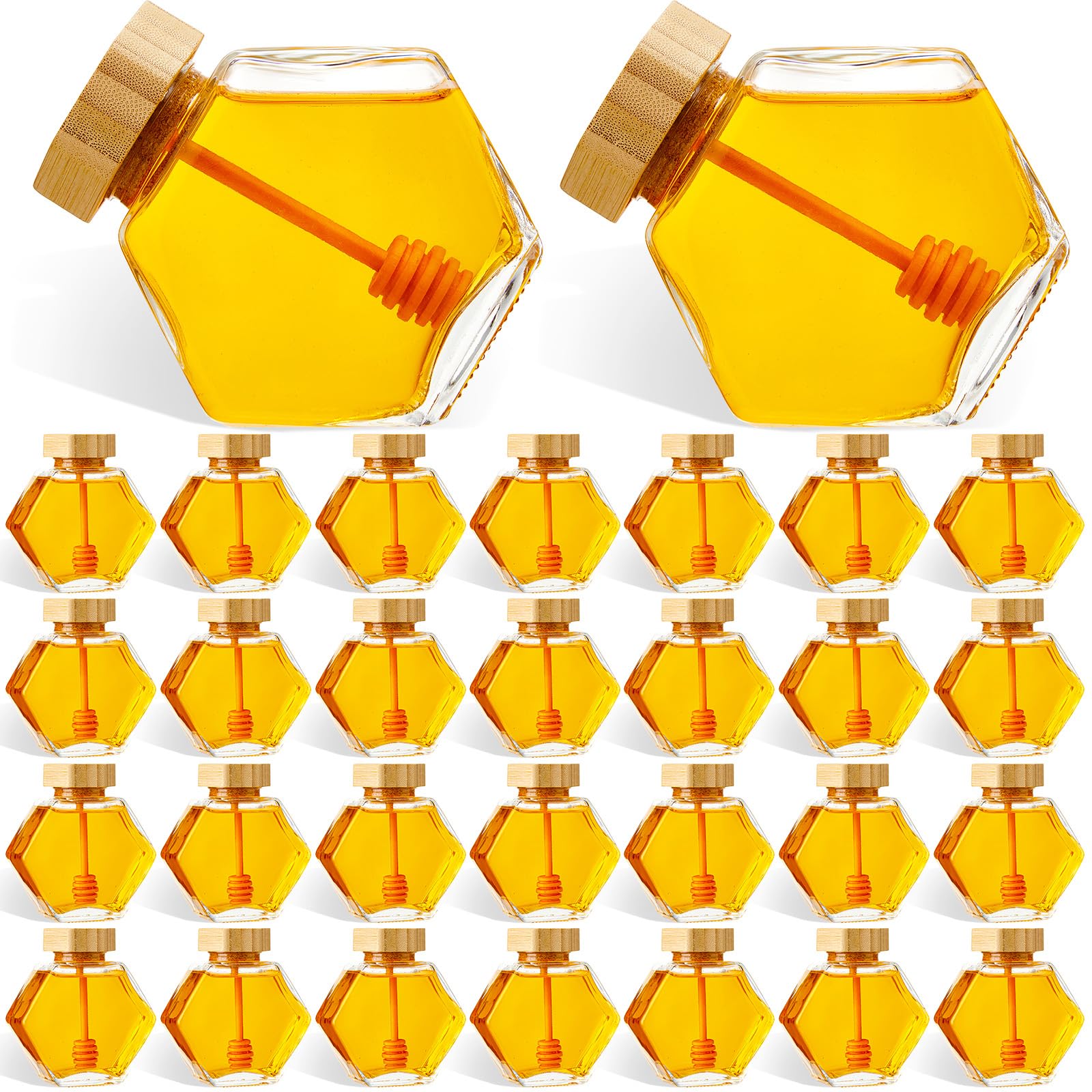 Sunnyray 8 Pcs 220 ml Glass Honey Jars with Dipper Hexagonal Clear Glass Dispenser Small Honey Containers Bottle with Wooden Dipper and Cork Lid for Home Storage Kitchen