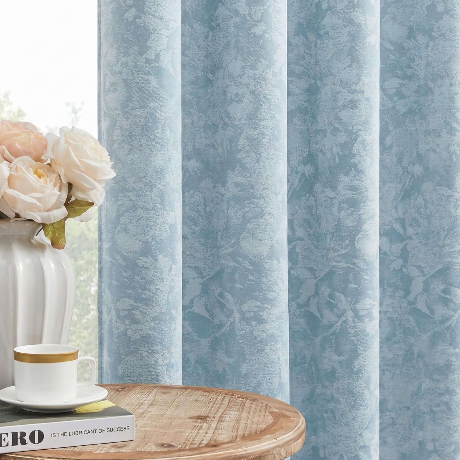 Blue Floral Jacquard Curtains for Living Room, 63 inch Drop, Morandi Blue Eyelet Window Drapes, 85-95% Room Darkening, Abstract Flower Leaves Printed, 2 Panels for Bedroom & Office, Thermal Insulated