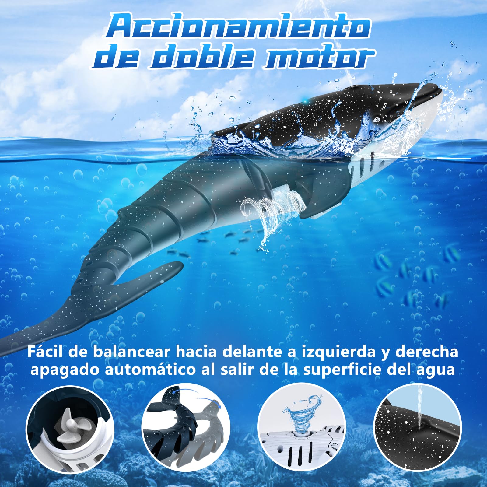 IEEILULU Ballena Teledirigido, 2.4GHz RC Barco Con USB, Lancha Simulación Recargable, Juguete Acuático, Eléctrico Regalo Para Niños Mayores de 6+ Años Piscina