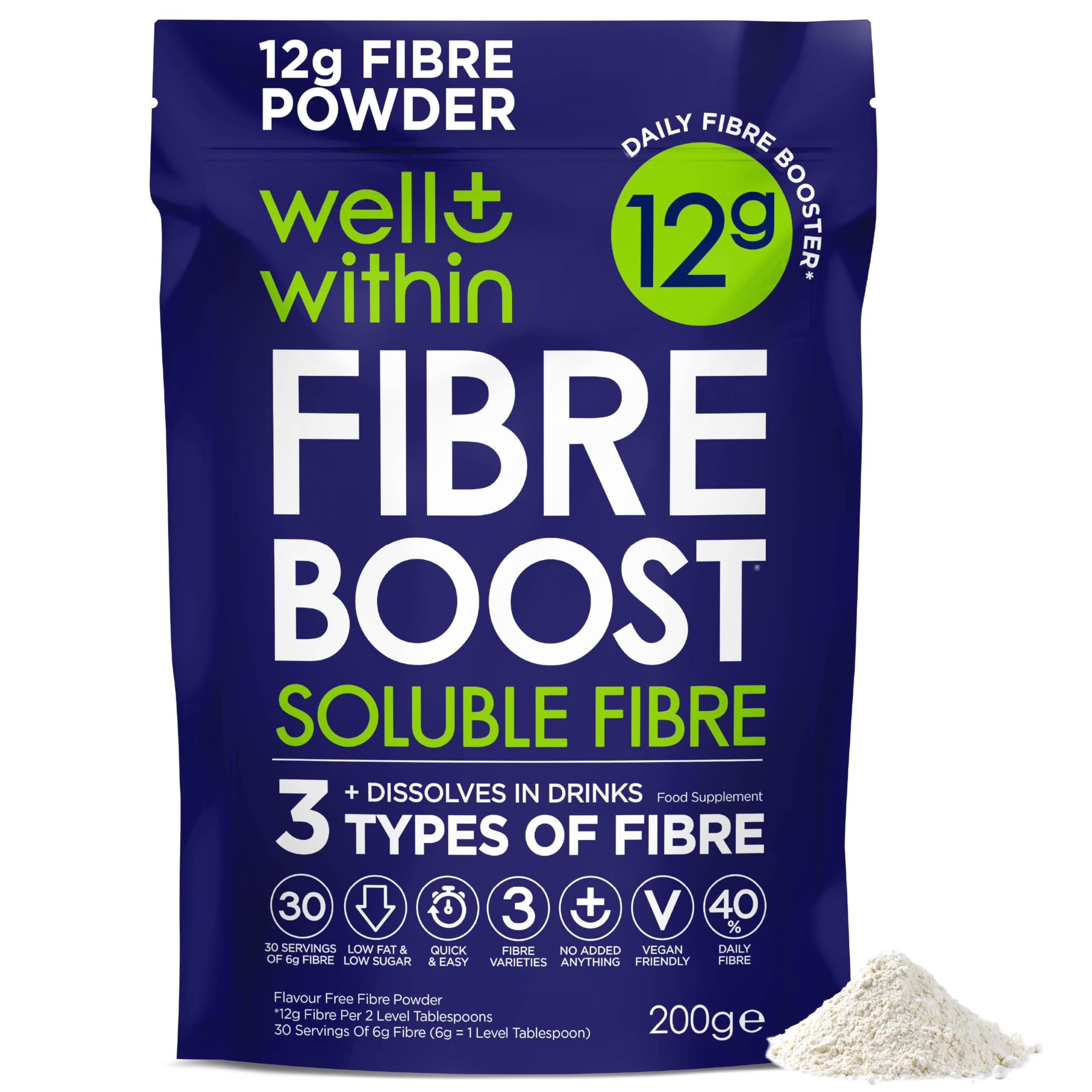 12g Soluble Fibre Supplement, 40% NHS Daily Intake, 3in1 Fibre Powder : Inulin Acacia FOS (Fructooligosaccharides) Prebiotics for Gut Health (200g Bag, 30 x 6g Fiber) Well Within Pre Biotic Drink