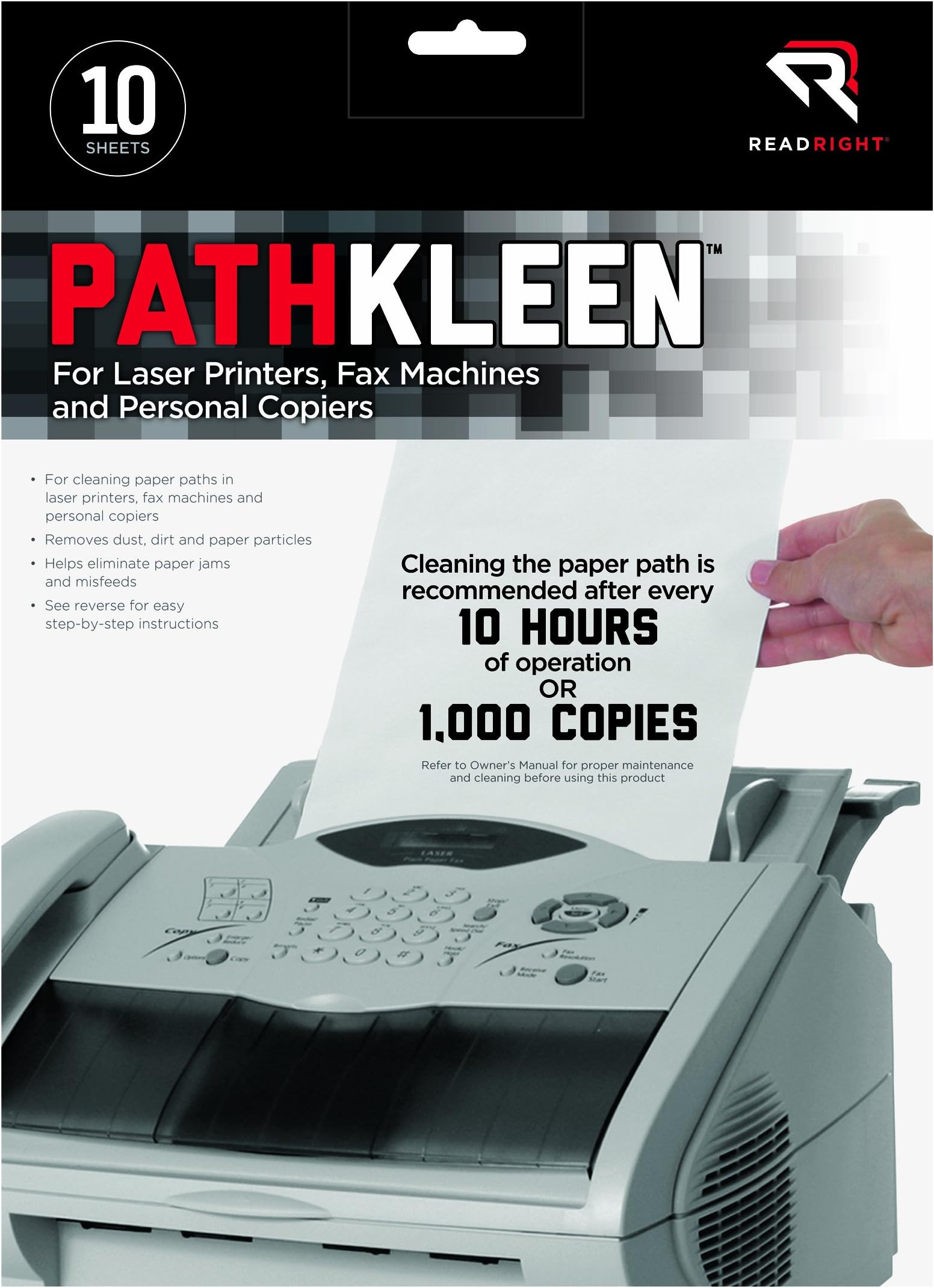 Read Right PathKleen Laser Printer Cleaning Sheets, 8.5 x 11 Inches Sheets, 10 Sheets per Package (RR1237)