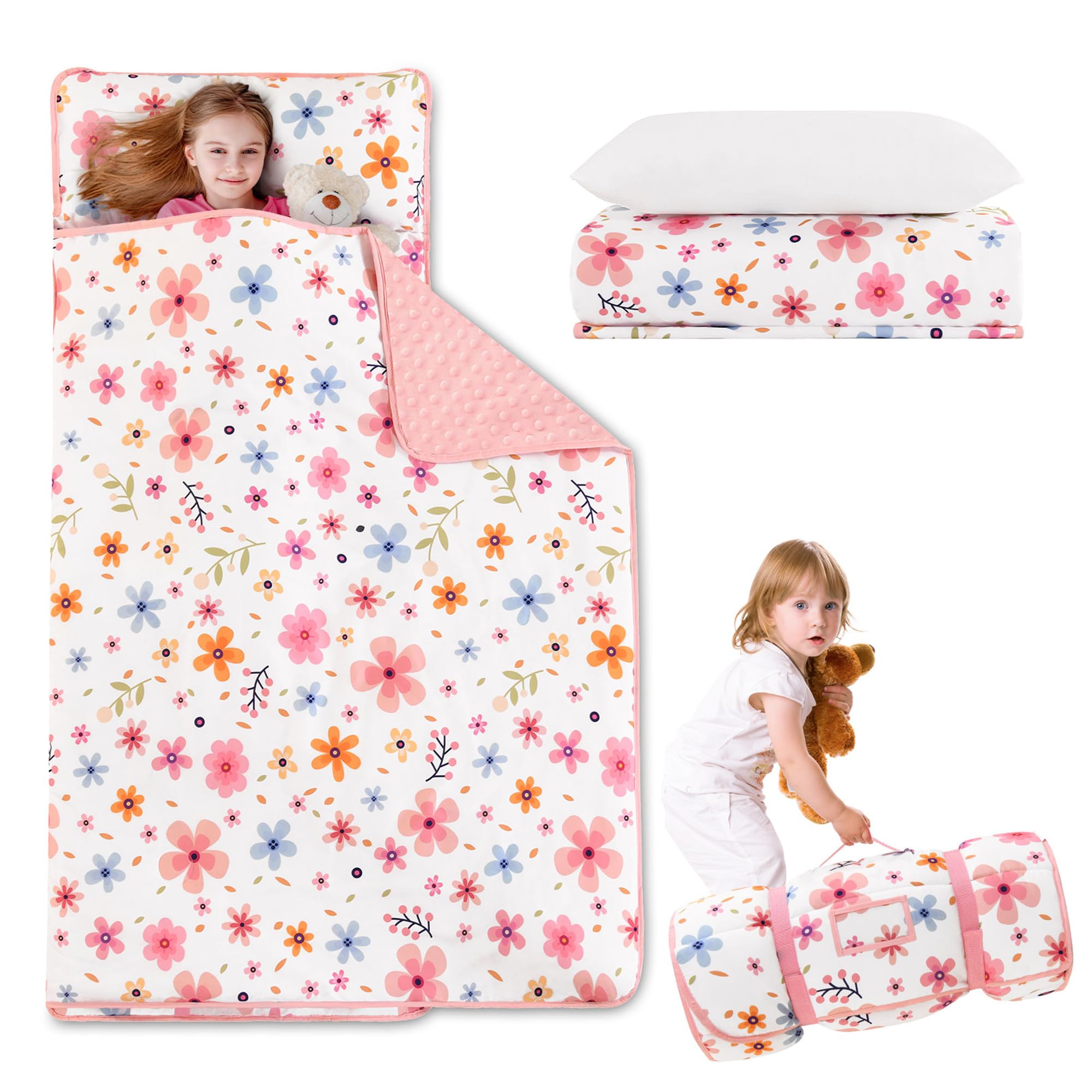 Cozyholy Toddler Nap Mat with Pillow and Blanket Pink Floral Leaves Fleece Kindermat Girls Nap Mats for Preschool Daycare Kids Sleeping Bag Portable Sleeping Mat Toddler Cot Bed for Travel Camping