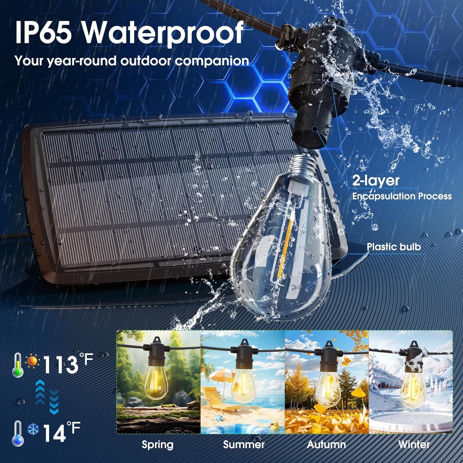 54FT Solar Powered Outdoor LED String Lights with Remote Control