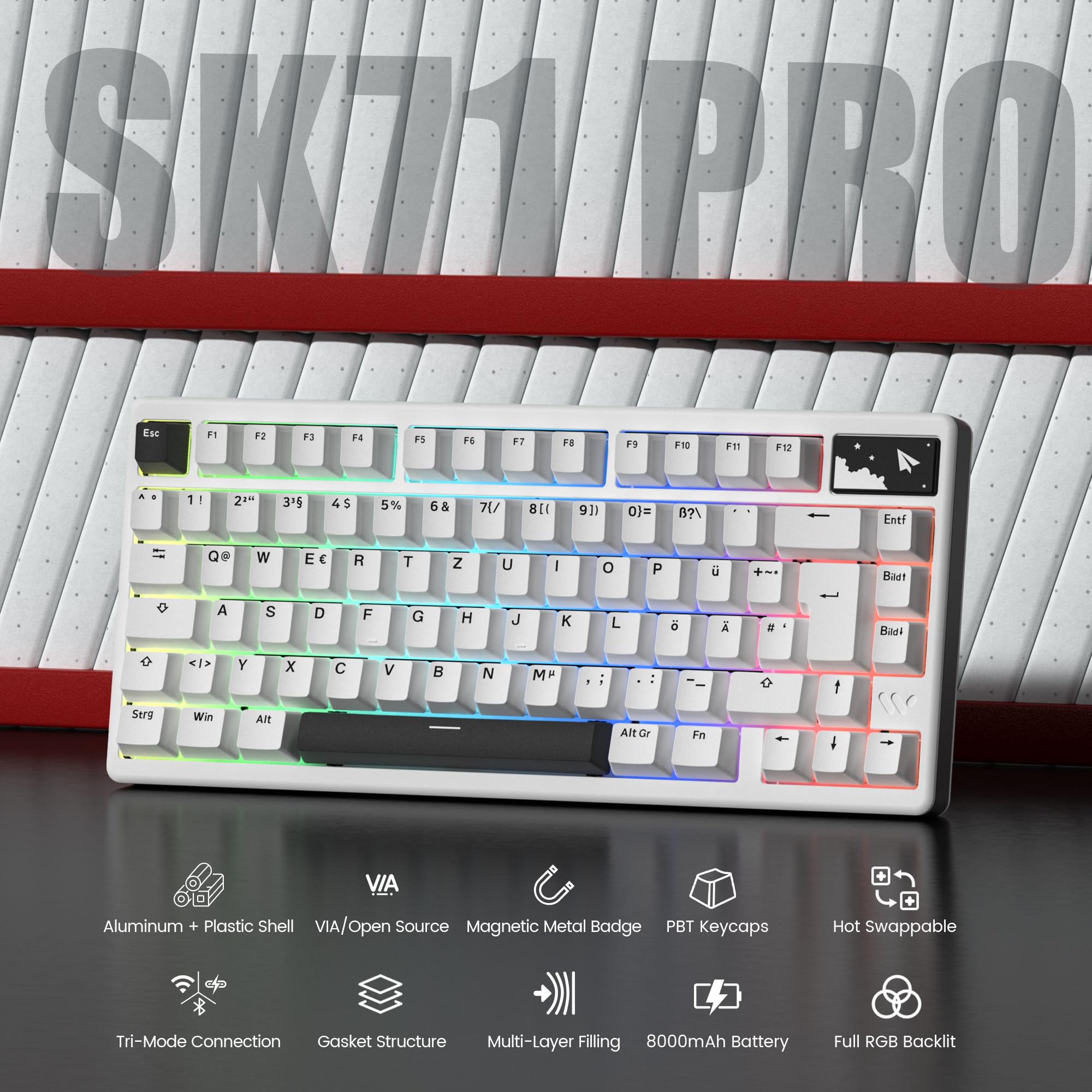 SK71 Pro Tastatur ISO DE, Aluminium, QWERTZ, Tri-Mode, Hot Swappable | Quick Release Wireless, Mechanische Tastatur Custom mit RGB Keyboard für Windows/Mac/PC