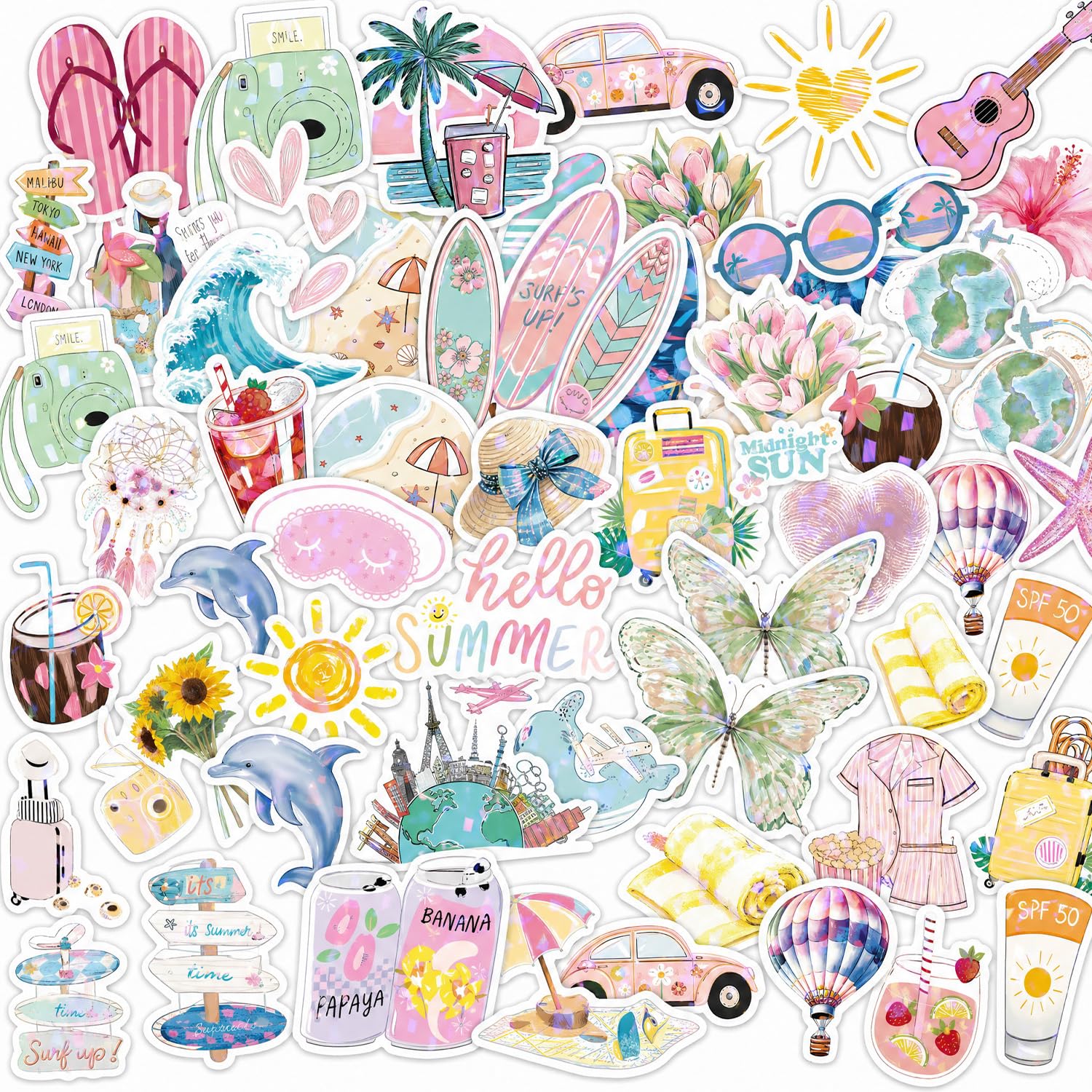 50 Pcs Summer Holiday Travel Stickers Aesthetic | Laser Film PET Waterproof Laptop Stickers for Water Bottle Scrapbook Luggage DIY Decor