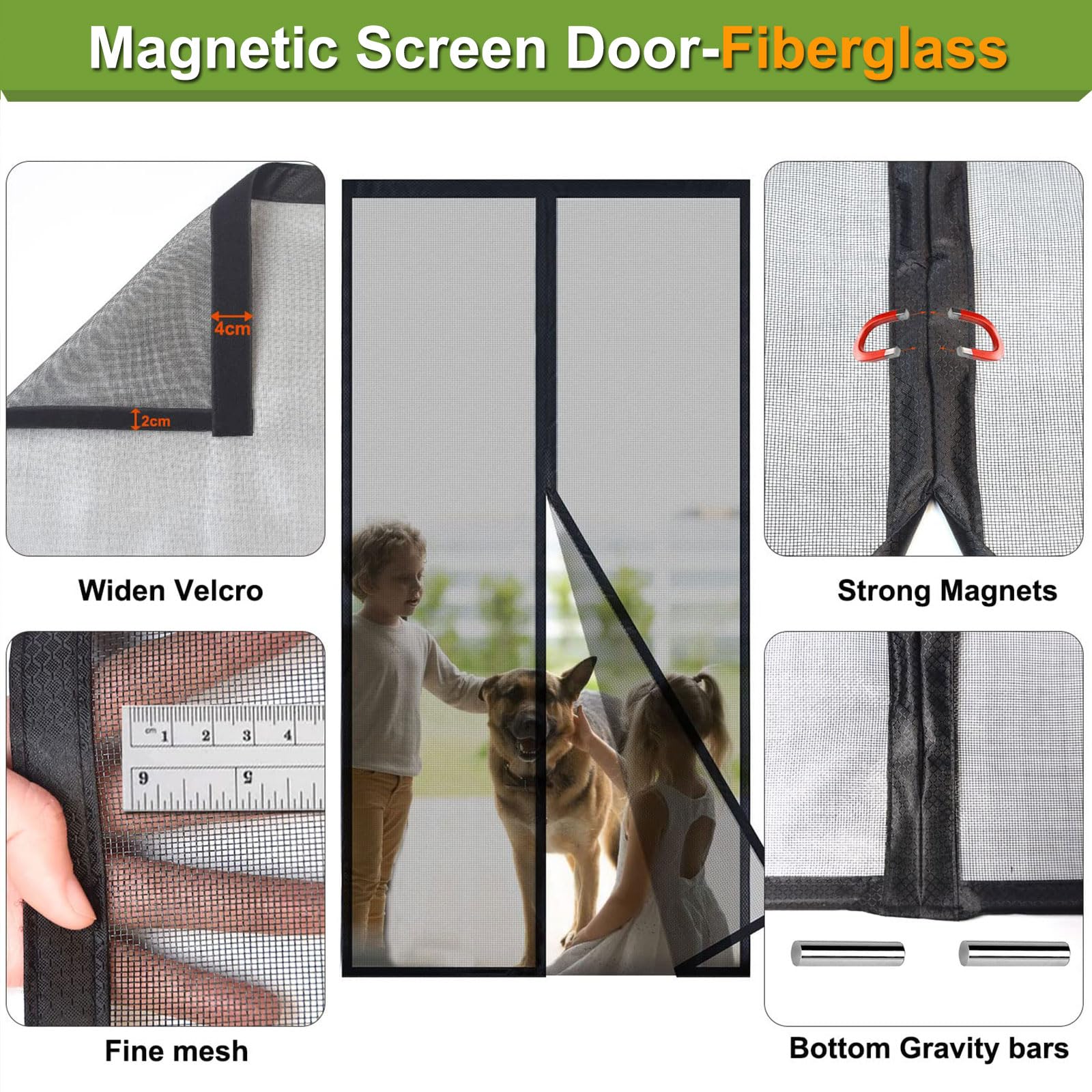 Risareyi Risareyi Fiberglass Magnetic Screen Door Actual Size 26"x70", Black Bugs Net Thicker Mesh Curtain Screen with Magnets Heavy Duty for Front Door, Keep Bugs Out, Full Frame Hook & Loop in use